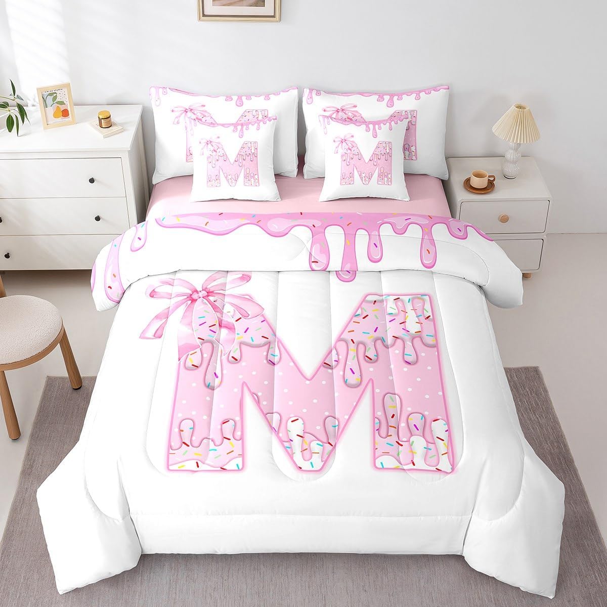 Feelyou Kids Pink Bowknot Comforter Set with Sheets Full Size, Personalized Initial M Bed in A Bag Boys Girls Summer Ice Cream 7 Pieces Bedding Set Rainbow Alphabet Teens Bed Set Bedroom Decor 7Pcs