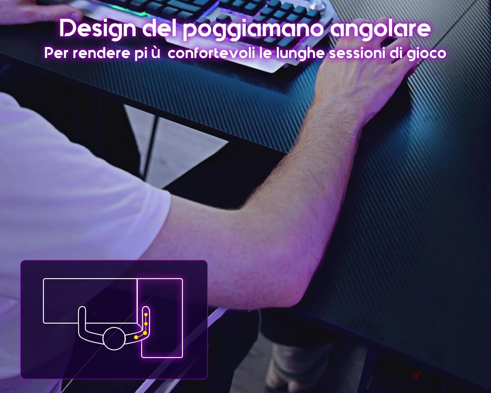 ODK Scrivania Gaming Angolare con Luci LED e Prese di Corrente, 100x70 cm Postazione Gaming con Supporto per Monitor & Ripiano di Stoccaggio Fibra di Carbonio Nera