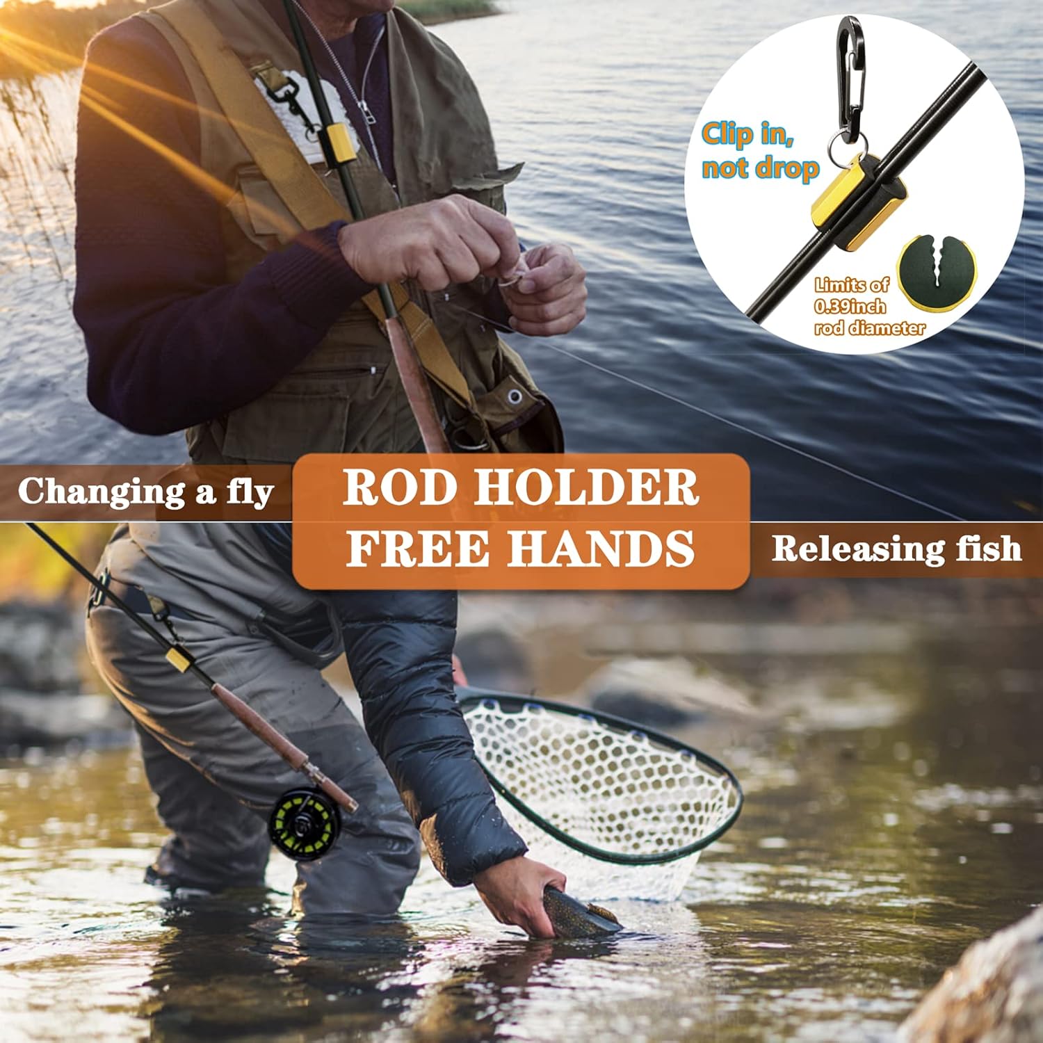 Fly Fishing Net Trout Net with Magnetic Release and Rod Holder Wooden Frame Landing Net with Soft Rubber Mesh for Catch and Release (Clear Small Holes)