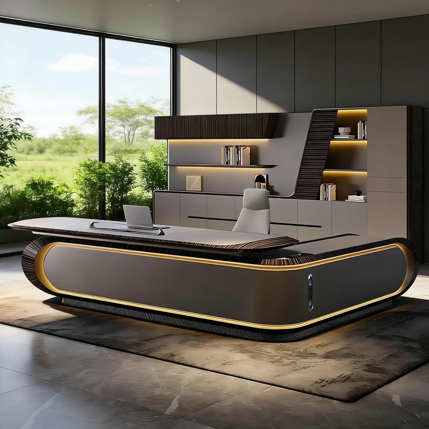 Executive L-Shaped Office Desk with LED Lights - Large Premium Wood Desk with Lockable Drawers & CPU Cabinet(Brown,133.9")