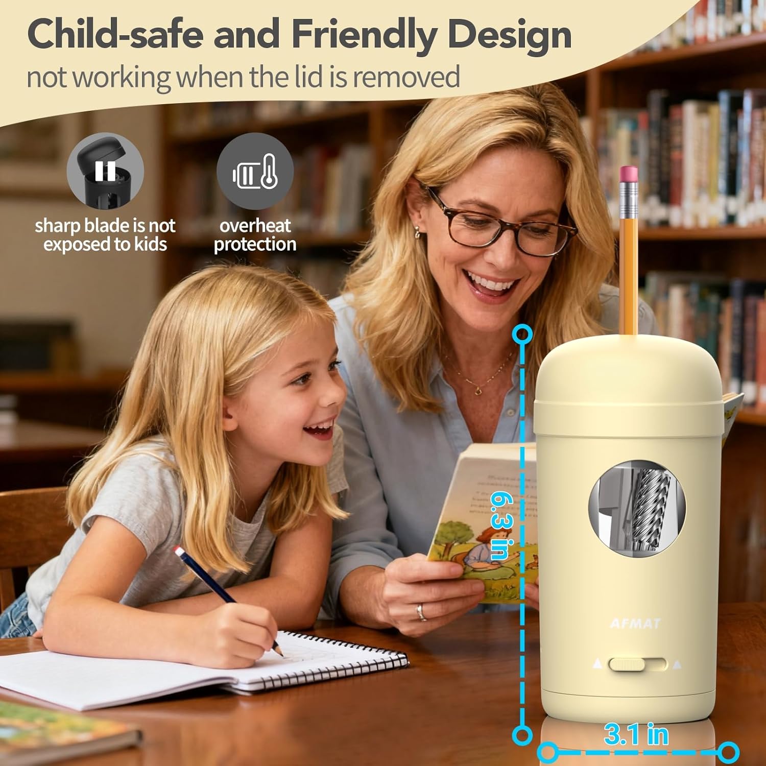AFMAT Electric Pencil Sharpener, Fully Automatic Pencil Sharpener for 7-8mm Pencils & Colored Pencils, Auto in & Out, Rechargeable Vertical Hands-Free Sharpeners for Classroom/Home/Office PSX7(Beige)