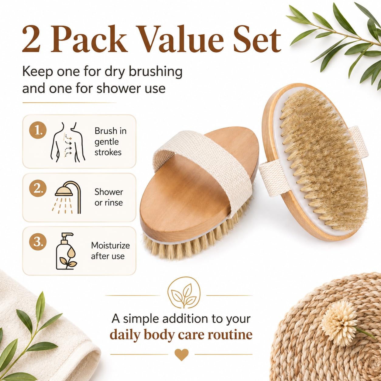 Opaz Trockene Körperbürste, natürliche Borsten, für trockene Haut, Peeling, nasses oder trockenes Peeling, glatte Cellulite, stimuliert die Durchblutung, 2 Stück