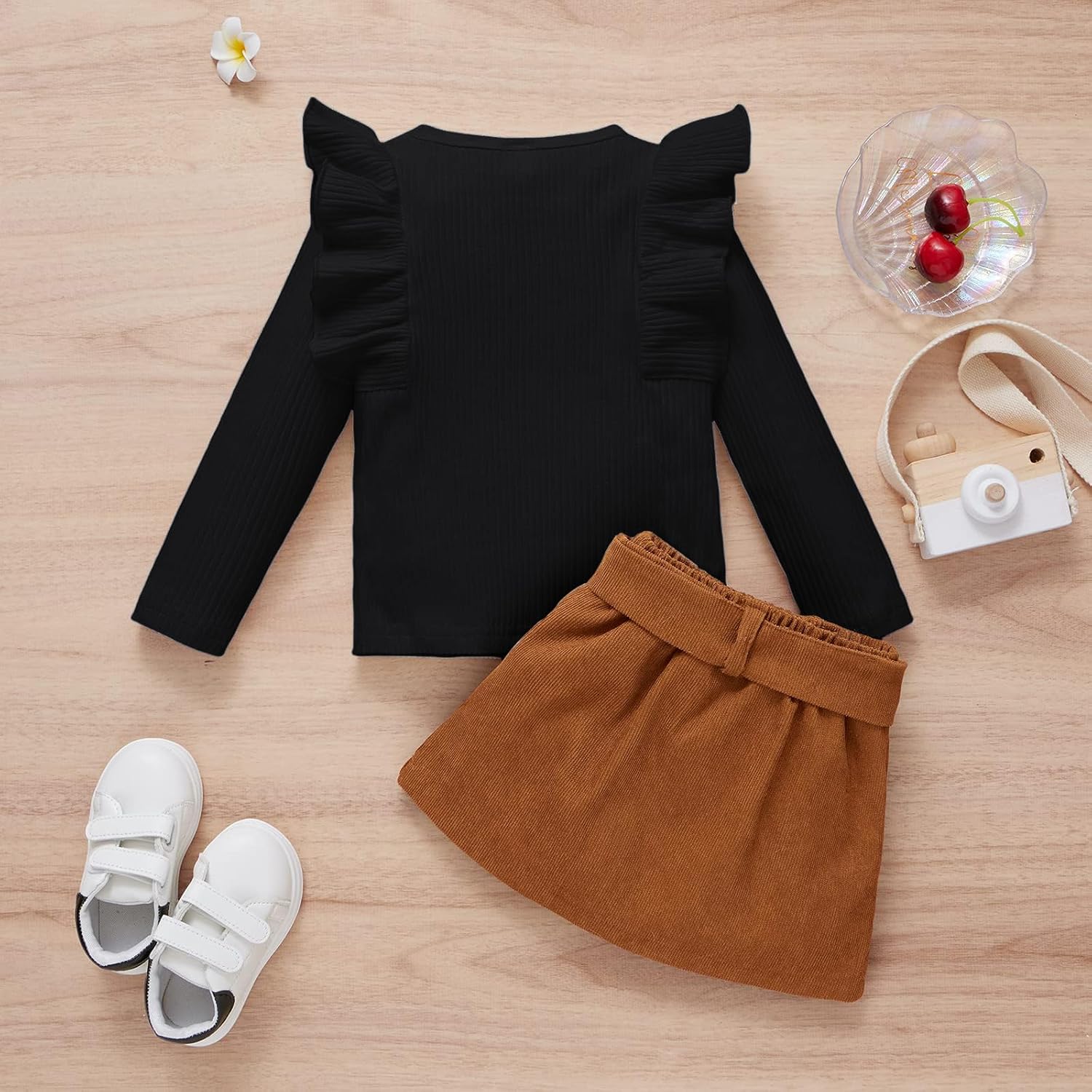 AMAWMW Toddler Baby Girl Fall Winter Clothes Long Sleeve Ruffle Shirt Corduroy Mini Skirt Infant Girl A-line Dress A Black + Brown 18-24 Months image 4 of 5 B0CB6Y2B58