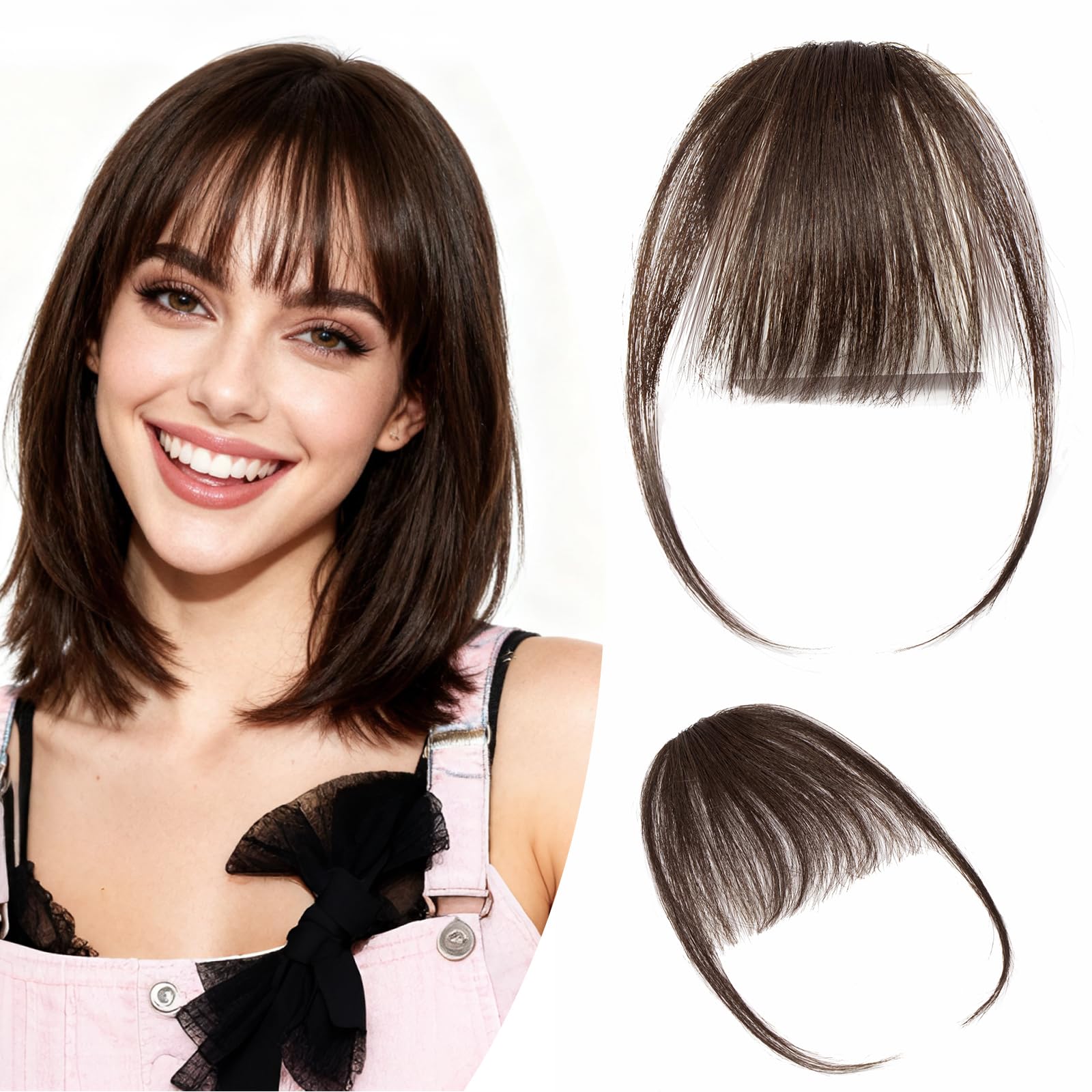 Hairro Clip in Bangs Real Human Hair Thin Wispy Air Bang Hairpiece Two Side With Temples One Piece Fringe for Women Girls #02 Dark Brown