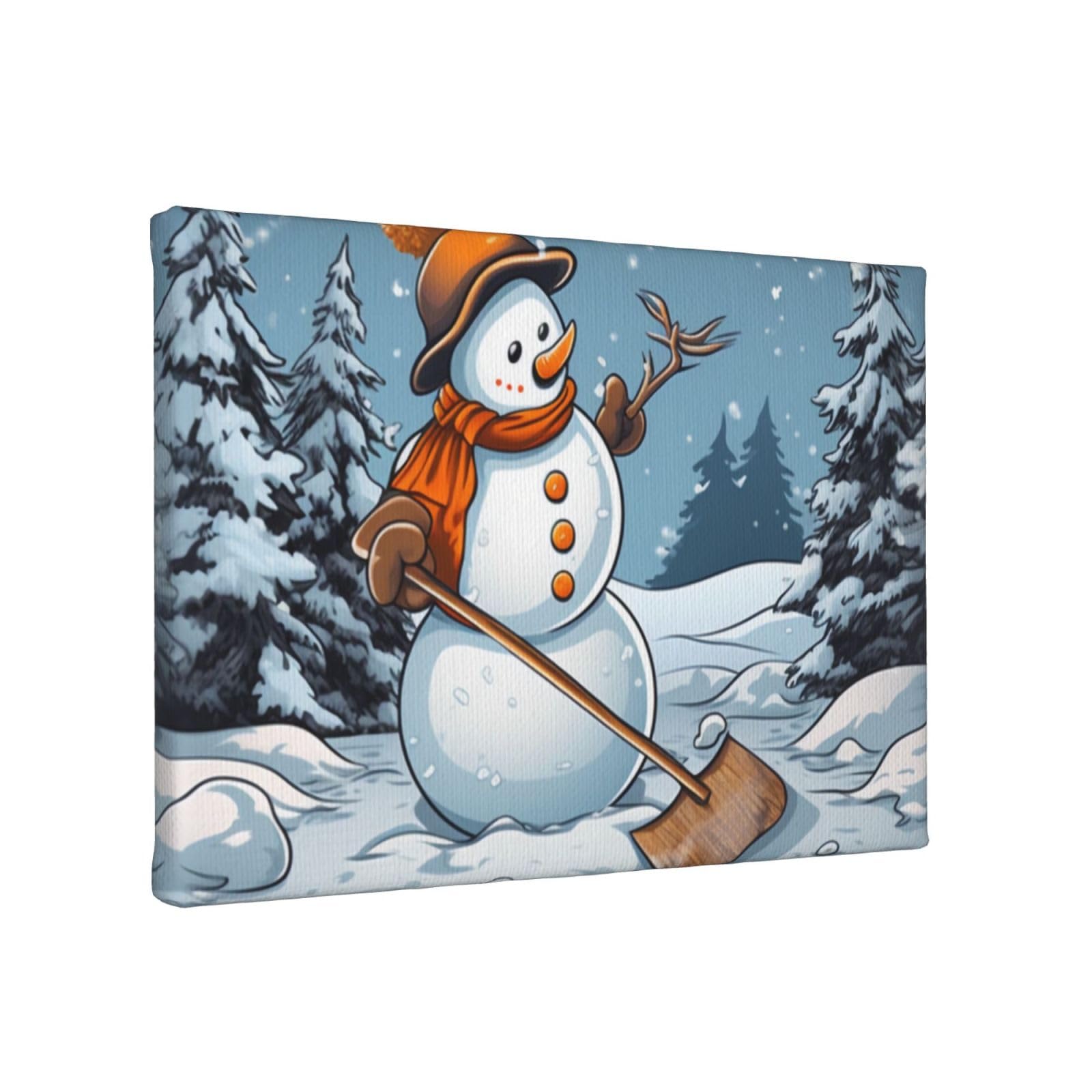 YKLJG Hardworking snowman Printed Wall Art Canvas Painting 30x20 CM Wooden Framed Picture Painting Artwork Prints for Bedroom Kitchen Home Office Decor