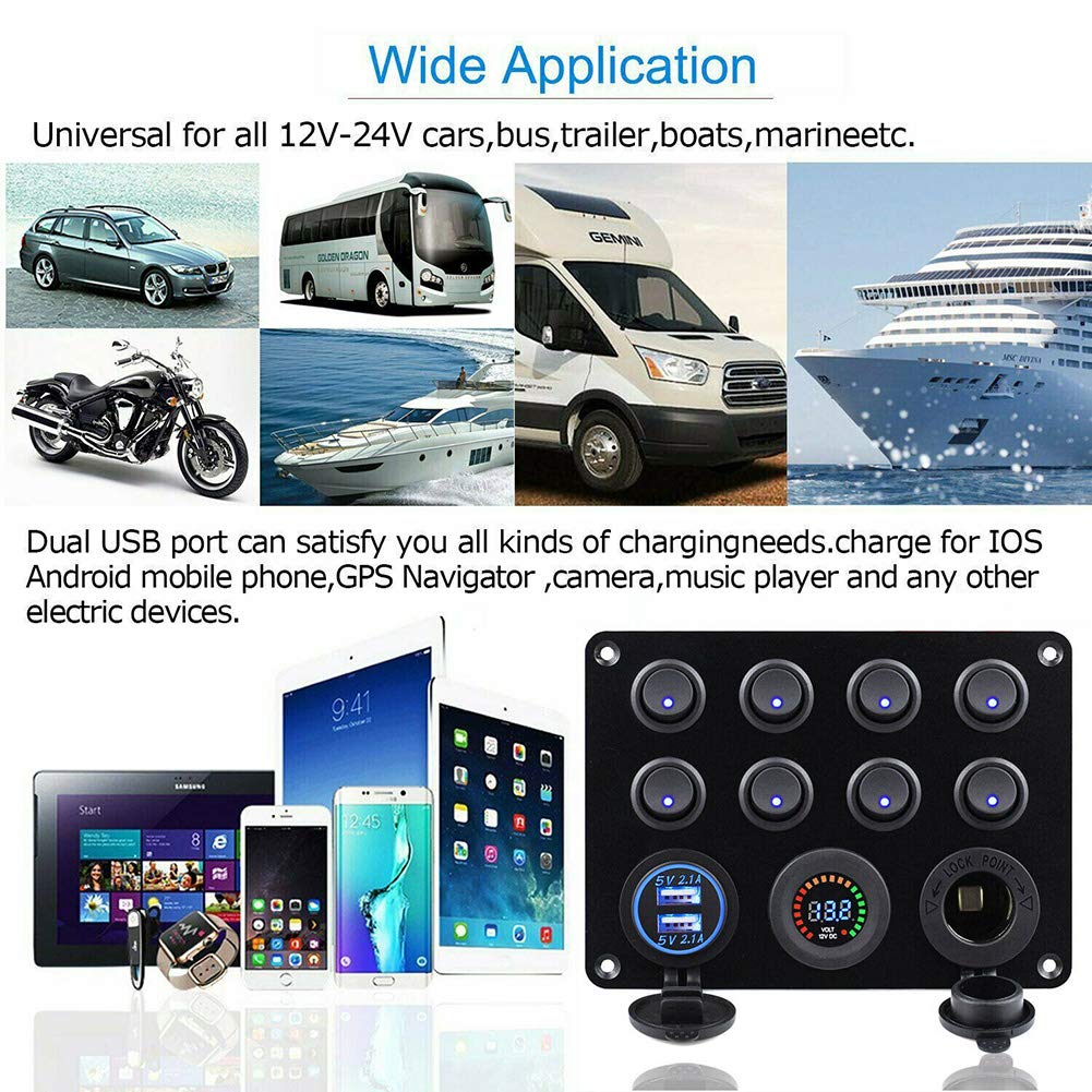 Pannello Interruttori 8 Gang con 2 USB e Voltmetro Controllo LED Rocker IP68 Impermeabile 12V / 24V per Auto, Barca e Marina