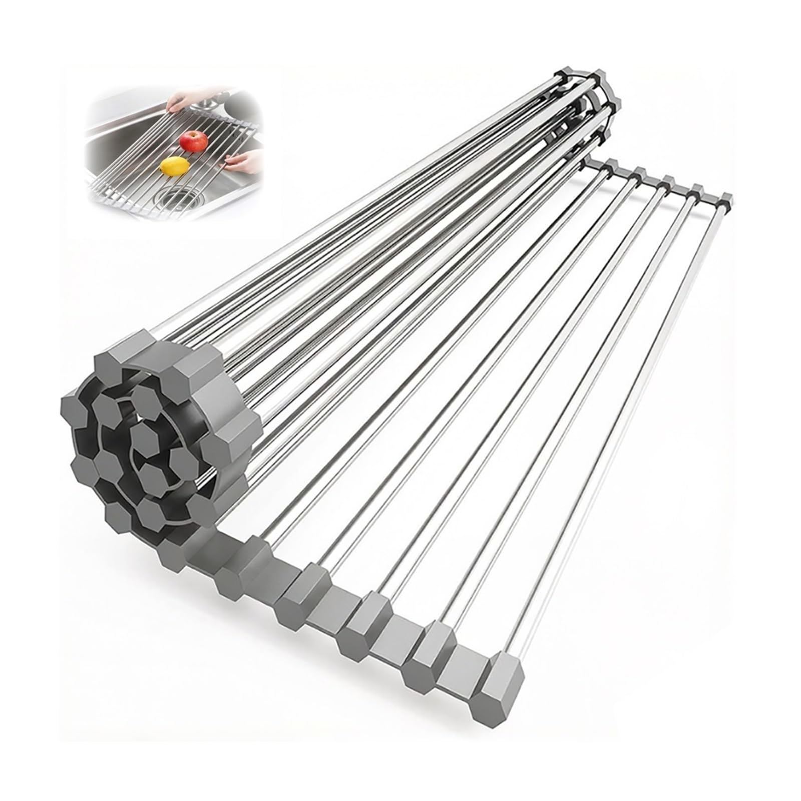 Escurridor de Platos Enrollable de Acero Inoxidable, Resistente al Calor, Multiusos, Plegable, con Alfombrilla Antideslizante de Silicona para Fregadero y encimera de Cocina.