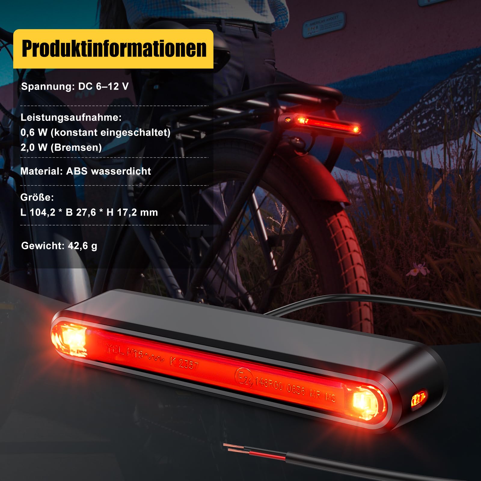 Ebike Feu arrière LED 6-12 V avec feu de freinage, homologué StVZO pour vélo électrique, étanche IPX5, avec câble, sûr et fiable