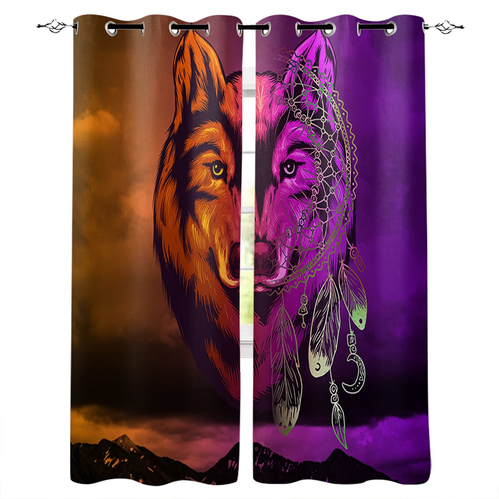 3D Printed Blackout Curtains,Thermal Insulated Eyelet Window Drapes, Gradient Wolf Dream Catcher Printing Design Vertical Curtains For Living Room, Stylish And Breathable Pencil Pleat Children'S 150X