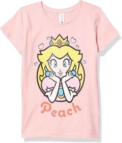 Nintendo Peach Hearts 77 Girl's Solid Crew Tee