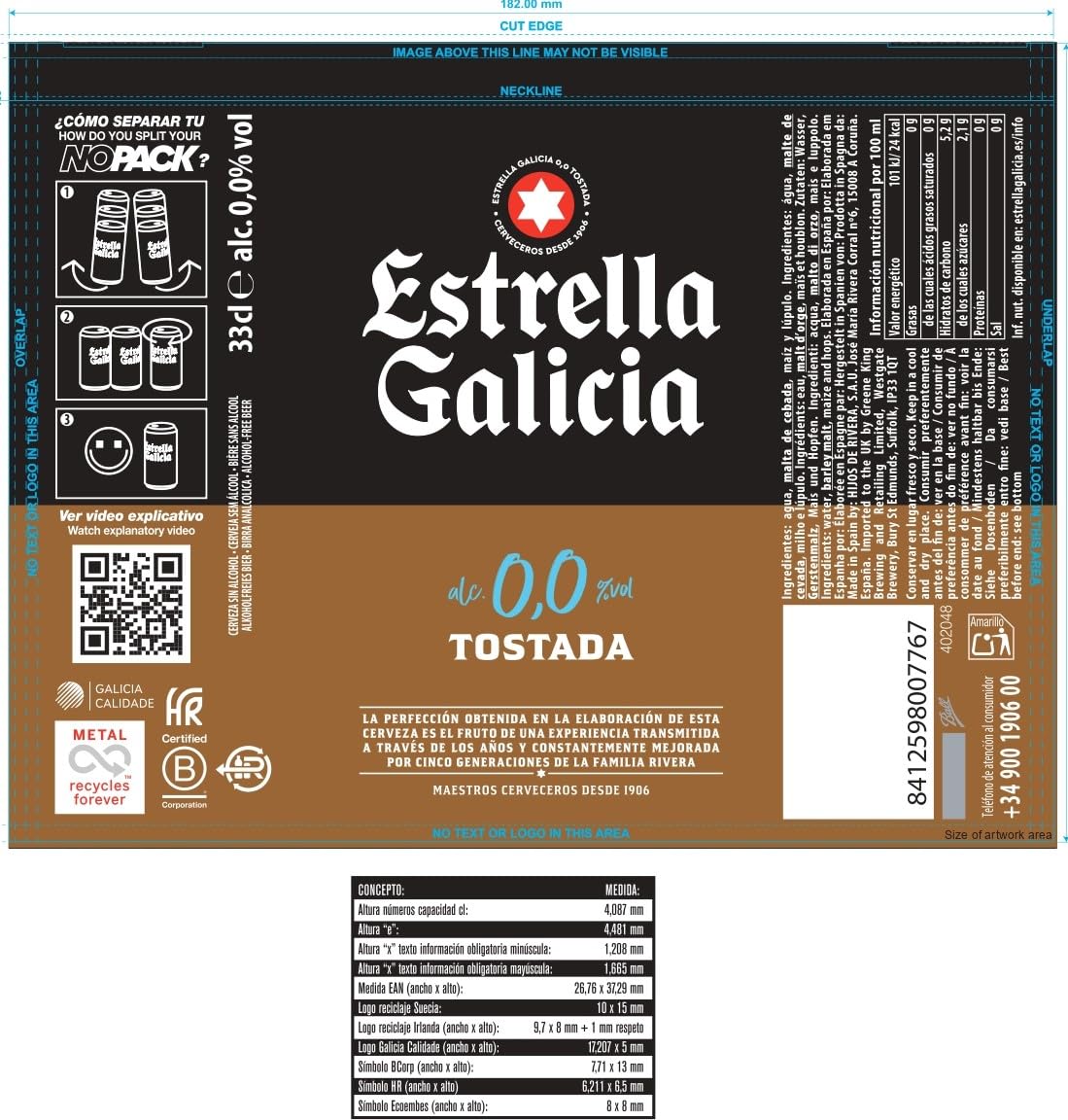 Estrella Galicia 0,0 Tostada - Cerveza Lager sin Alcohol, Pack de 24 Latas x 33 cl, Sabor y Aroma Tostado y Equilibrado, 0% Volumen de Alcohol