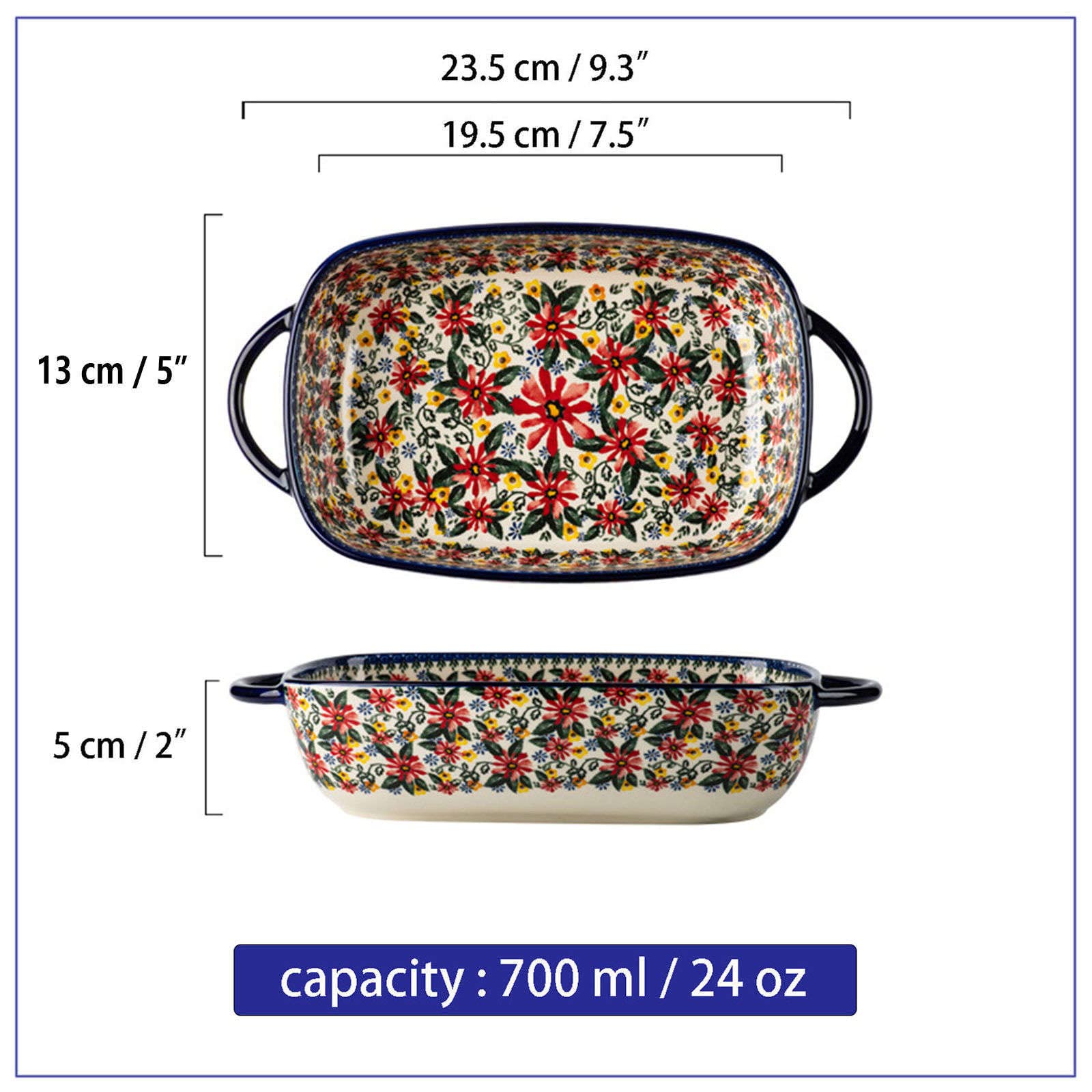 Ceramiczne naczynie do pieczenia do piekarnika, małe naczynie do zapiekania z uchwytami, piekarnik ceramiczny do pieczenia - chryzantema-prostokąt 700 ml