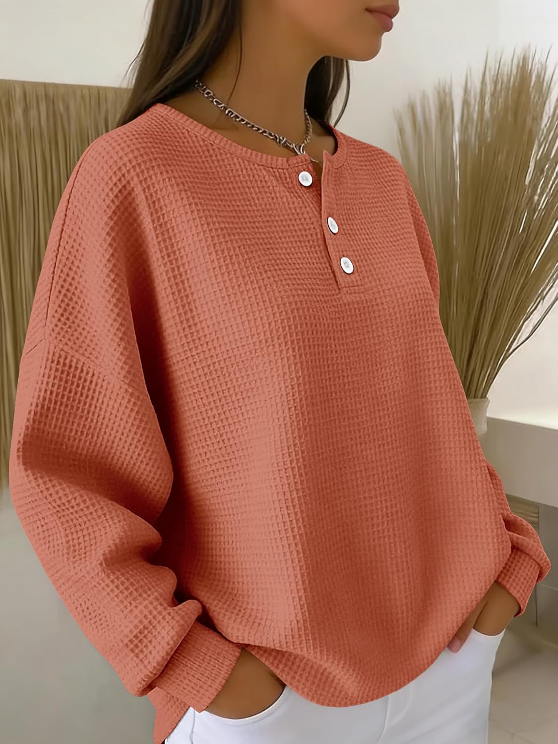Women's Waffle Knit Sweater V-Neck Long Sleeve Pullover Loose Fit Casual Top with Button Detail - Image 4