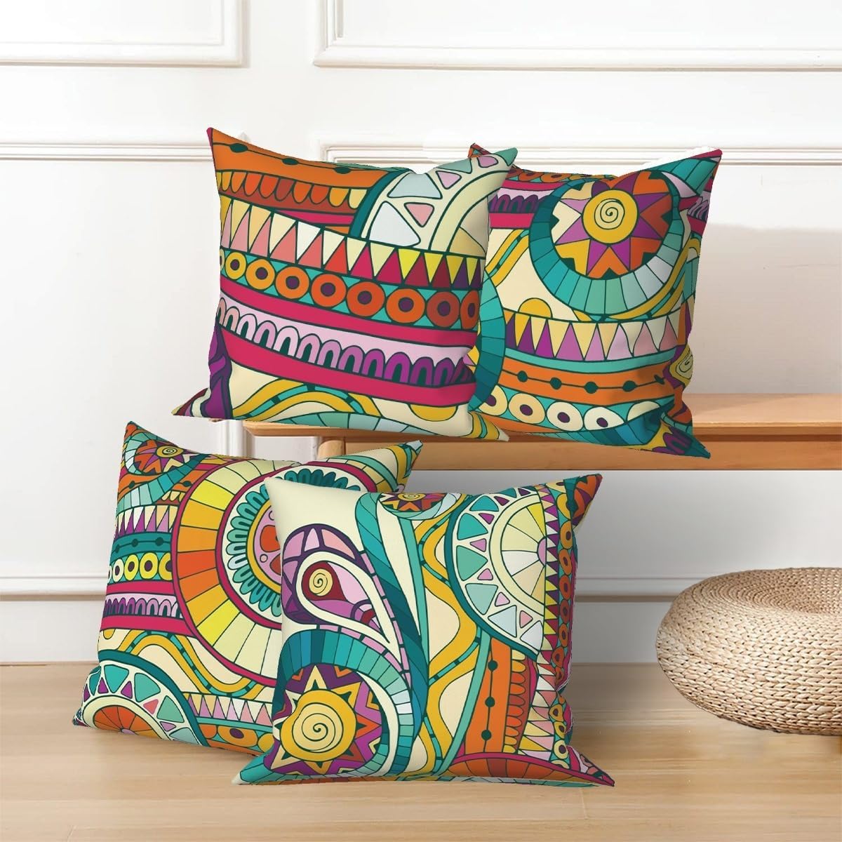 Bohemian Style Throw Pillow Covers 18"x18" Set of 4, Boho Pillowcase Vintage Flowers Cushion Cover for Couch Sofa Bed Chair Living Room Farmhouse Indoor Outdoor Home Decorative