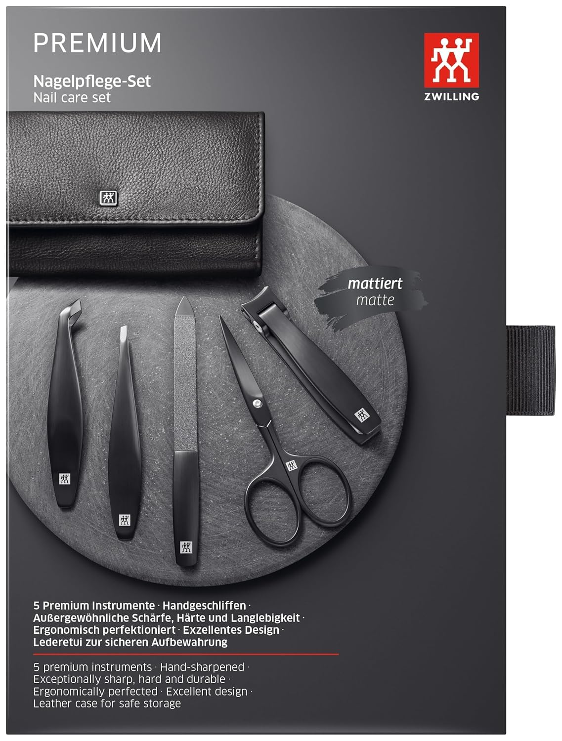 ZWILLING Manucure kit (5 pièces, set de voyage pour les poils du visage et de la barbe, avec coupe-ongles et ciseaux à barbe), Premium, Black Edition | Étui noir en cuir de vache avec coupe-ongles revêtu PVD, coupe-cuticules, lime saphir et pince biseauté