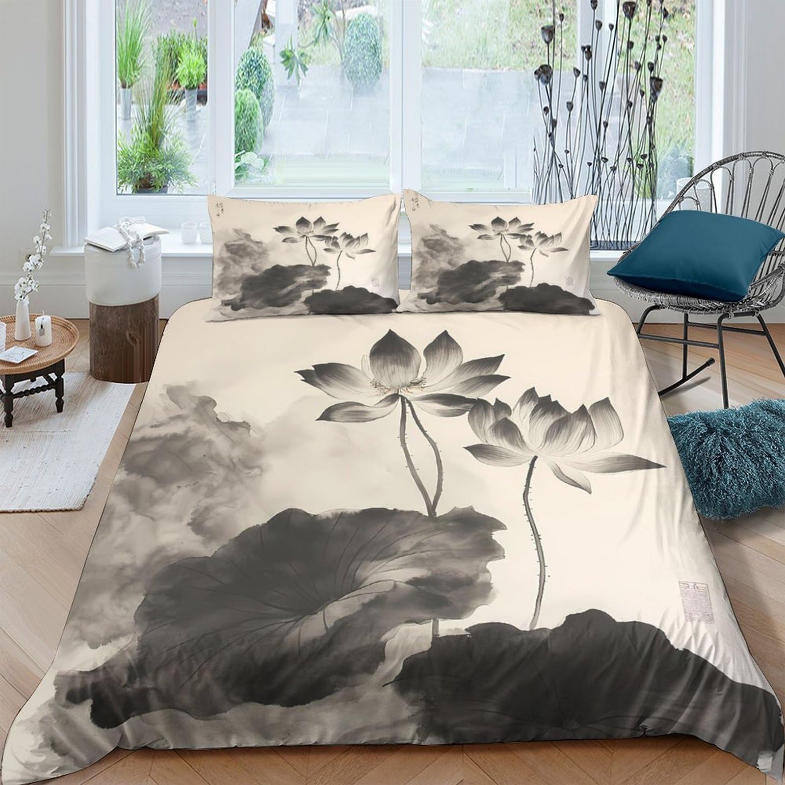 Ctjqhvkz Style-10 3D Printed Ink Lotus Fitted Sheet Microfiber Soft Art Brushstroke Bed Cover For Bedroom Dorm Mattress Decor Single（135X200cm）