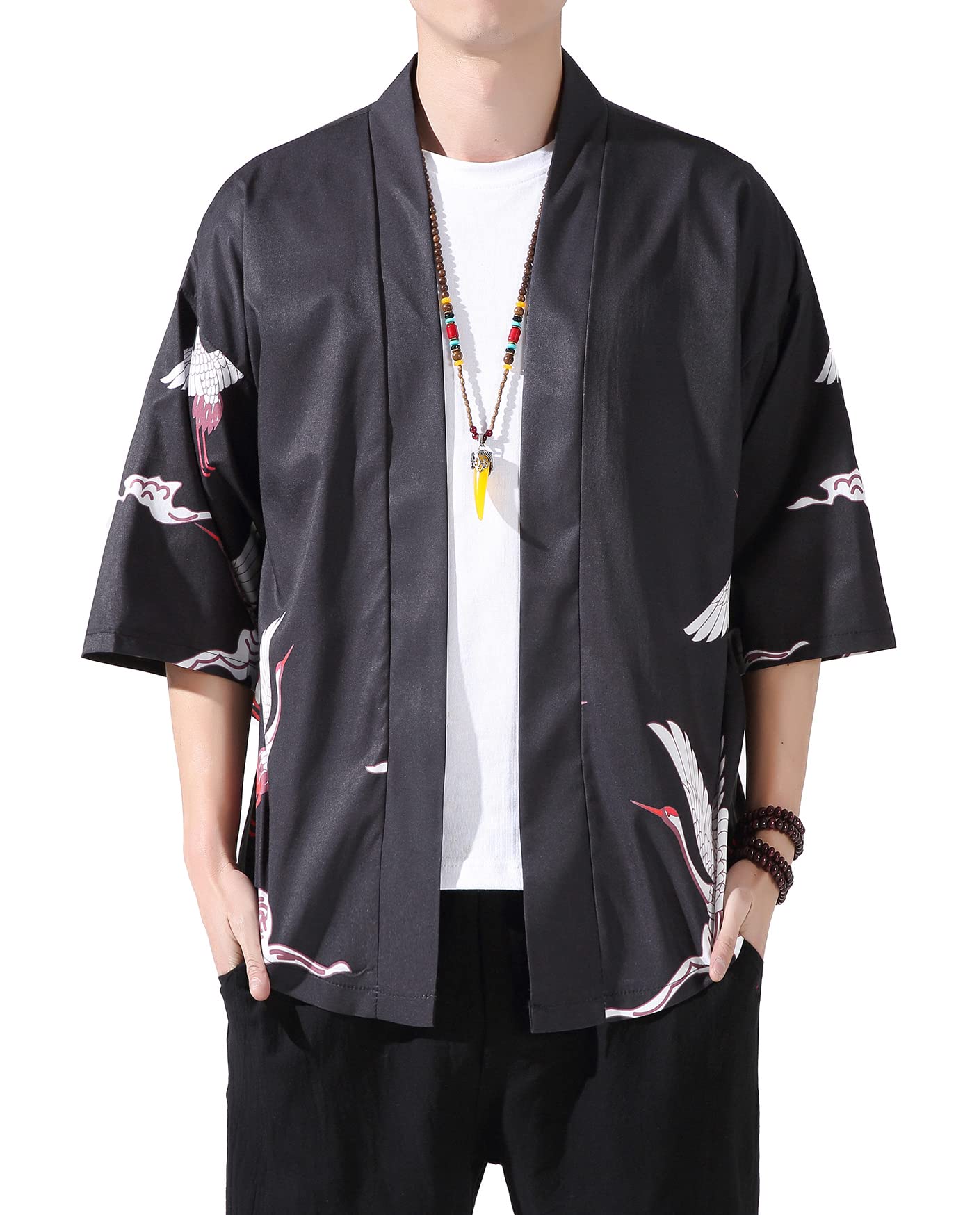 PRIJOUHE Men's Kimono Cardigan Jacket Japanese Style Flying Crane Seven Sleeves Open Front Coat