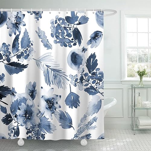 Blue Floral Shower Curtain, Navy Watercolor Ink Plant Leaves Flower Shower Curta