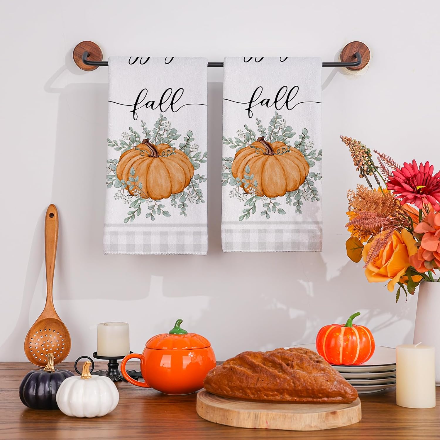 Siilues Fall Kitchen Towels 18 x 26 Inch Set of 2, Fall Hand Towels Hello Fall Decorations for Home Pumpkin Dish Towels Seasonal Thanksgiving Decorations for Home - Image 2