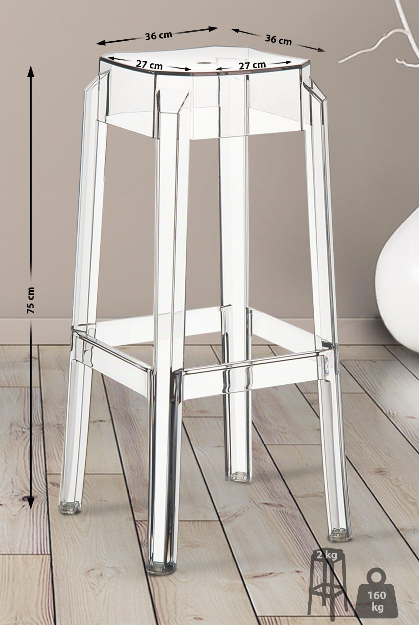 CLP Tabouret de Bar Fox en Plastique Résistant - Tabouret de Comptoir Stable et Léger (2 kg) - Hauteur 75 cm - Chaise Haute de Cuisine Empilable Couleur Transparent