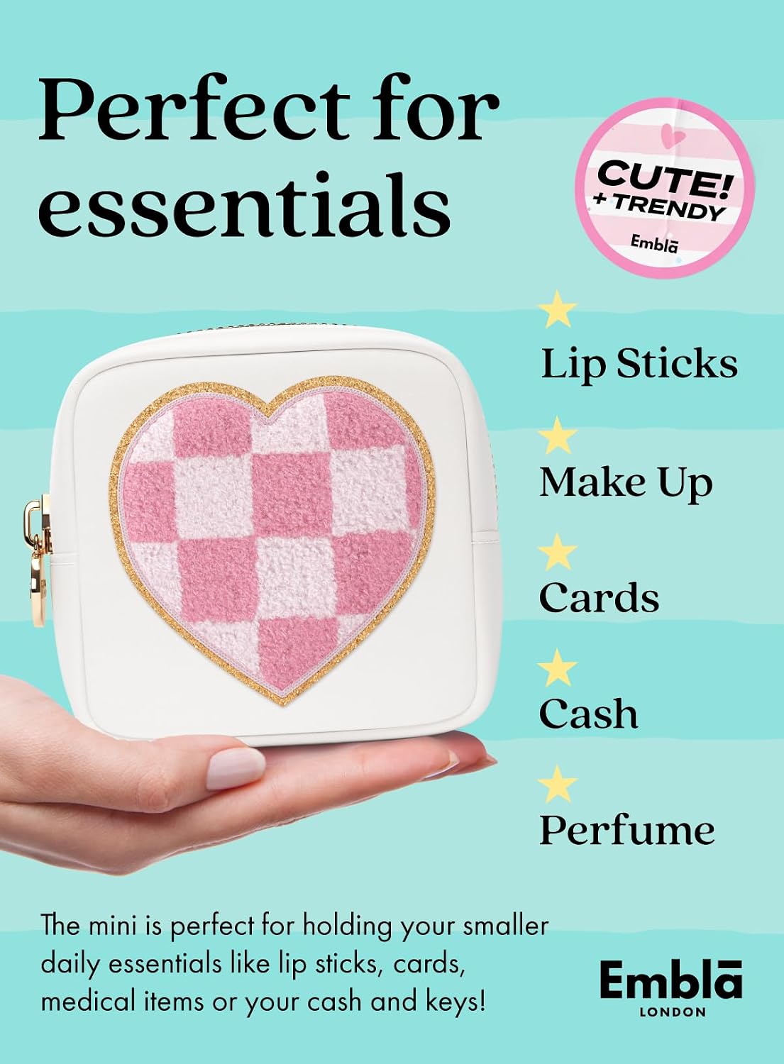 HEART Valentine Makeup Bag Travel Cosmetics Pouch and Toiletry Bag, Nylon Zipper Pouch Purse, Cute Make Up Organizer Storage Tote for Women Girls, Travel Skincare Case, Small Makeup Bags, White image 5