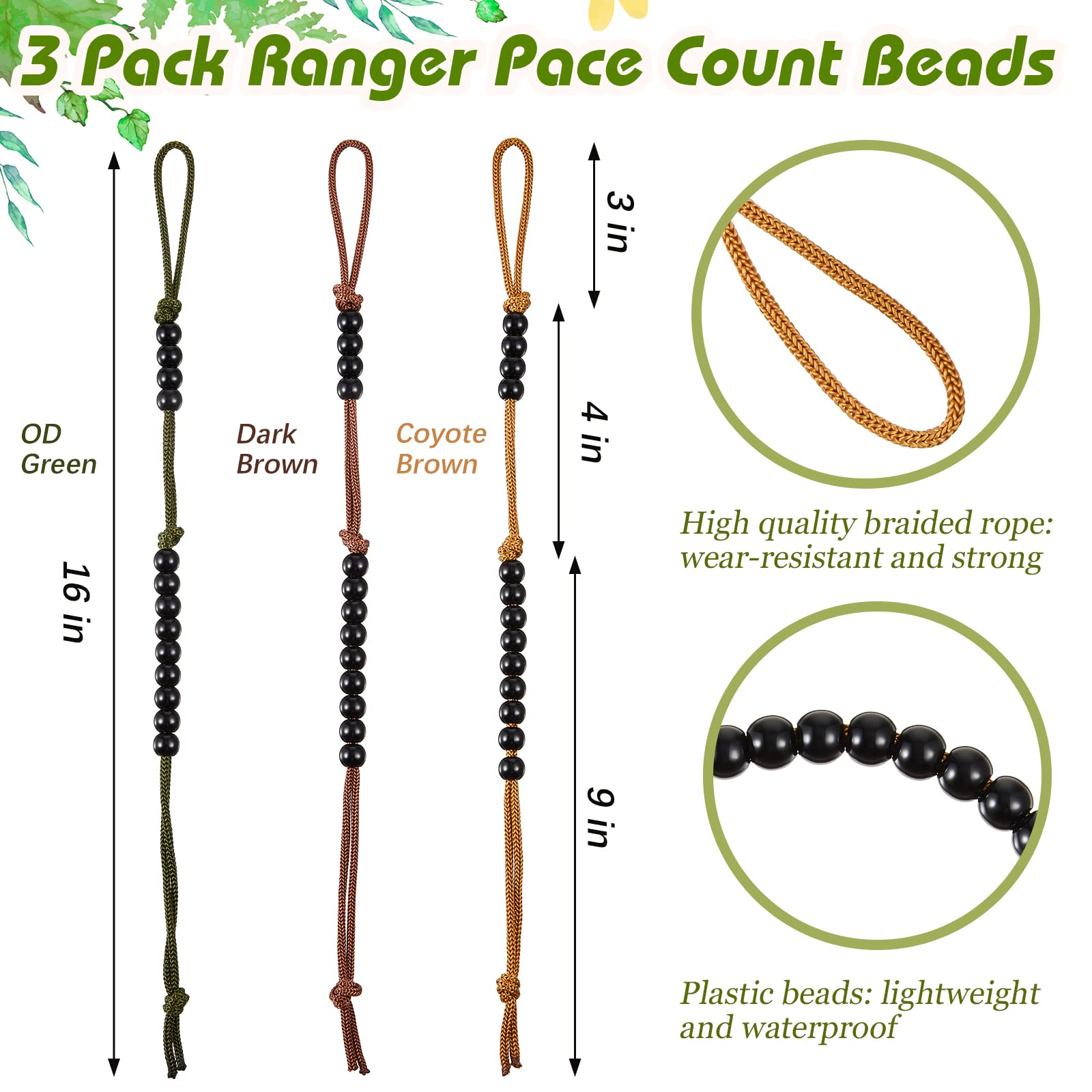 Pace Counter Beads 3 Stück Cord Ranger Perlen Wandern Ranger Pacecounter für Camping Wandern Outdoor Zubehör, 3 Farben, 22,9 cm lang