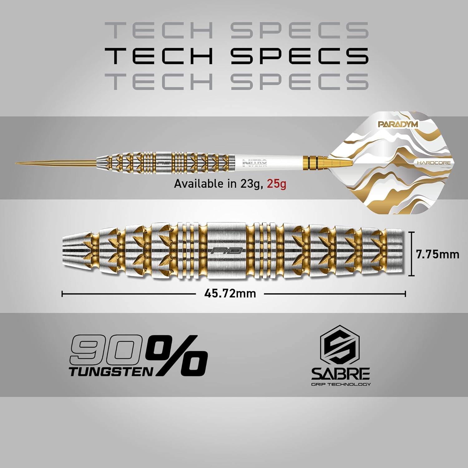 RED DRAGON Darts - Paradym Gold Series - 90% Professional Tungsten Darts Set - Includes Flights & Stems | 18g Soft Tip & Steel Tip 22g, 23g, 24g, 25g & 26g - Professional Dart Set