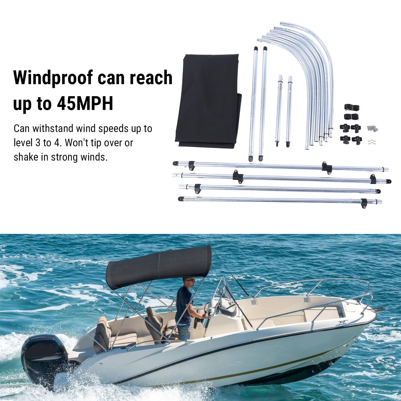Canopato Barche, Copertura Barca a Bimini in Poliestere 600d 3 Bimini con Telaio in Lega Alluminio 1 in Runabout, Sostituzione Baldacchino Ombra Solare a Prova Acqua