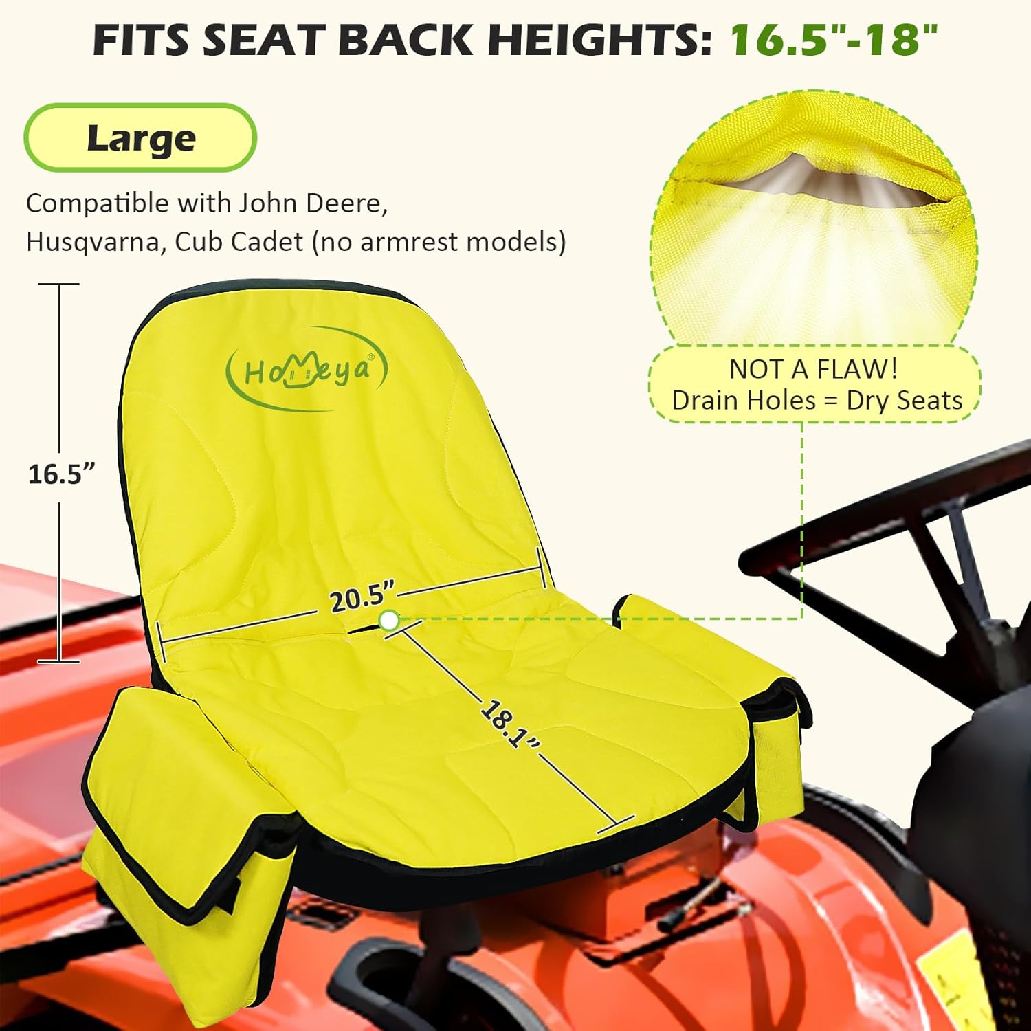 Riding Mower Seat Cover with Side Storage Pockets - Heavy Duty 600D Oxford Waterproof, Padded&Non-Slip Lawn Mower Seat Cover with Reflective Stripe+2 Rear Pouches, Fits 16.5"-18" No-Armrest Tractors