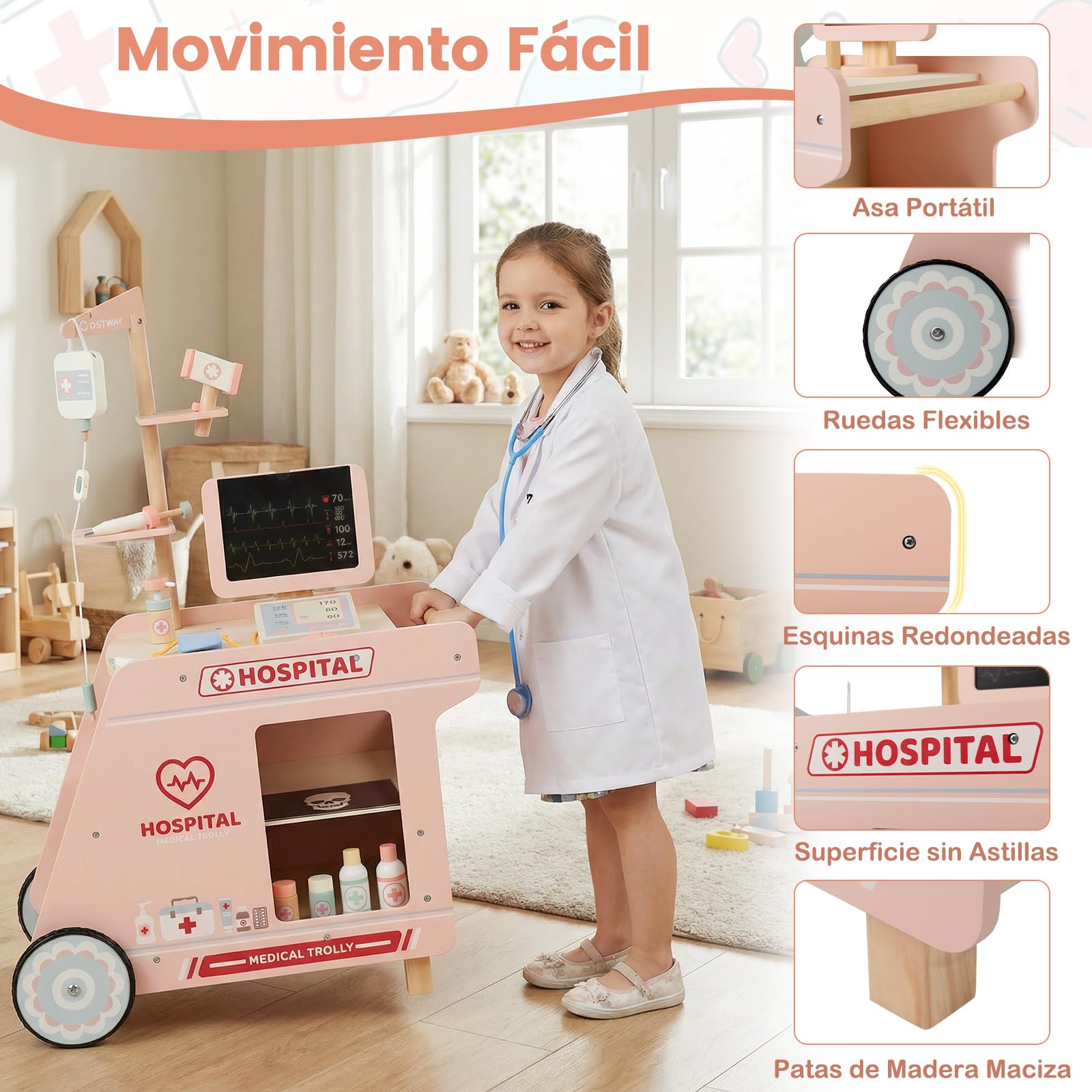 COSTWAY Juego de Médicos de Madera para Niños, Kit de Doctor de Juguete de Carrito con Máquina CT, Estetoscopio, Puesto Médico Centro de Actividades Móvil con Accesorios, para Niños de 3+ Años
