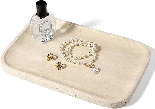 Koville Romano Travertine Tray, 12"x8" Natural Stone Vanity Tray for Countertop Bathroom Kitchen Dresser, Decorative Marble Catchall Trays for Perfume Jewelry, Rectangular Serving Tray(Beige...