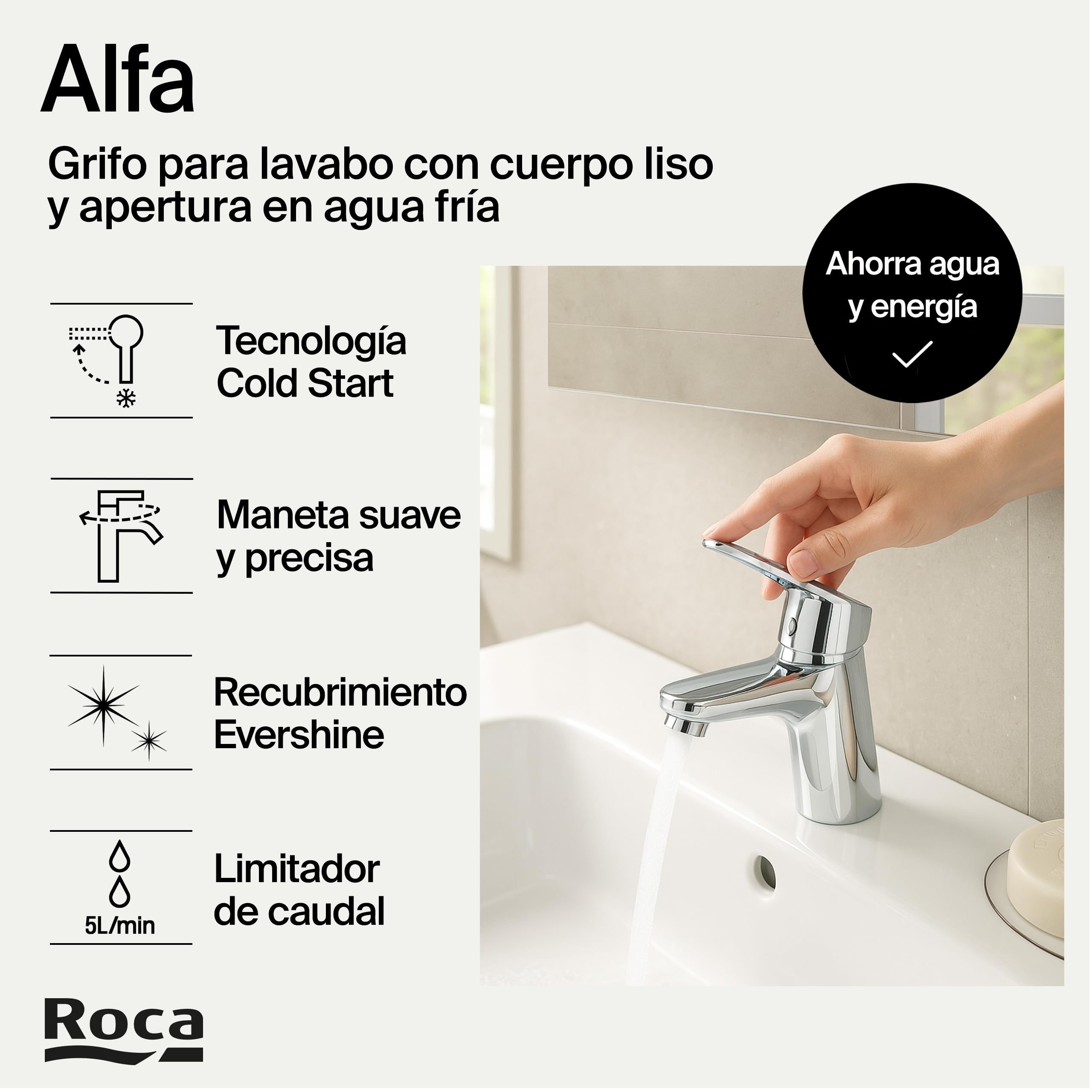 Roca Alfa Grifería para lavabo con tecnología Cold Start, grifo monomando de repisa con enlaces de alimentación flexibles, mezclador para cuarto de baño de fácil instalación, cromado, A5A3L25C00