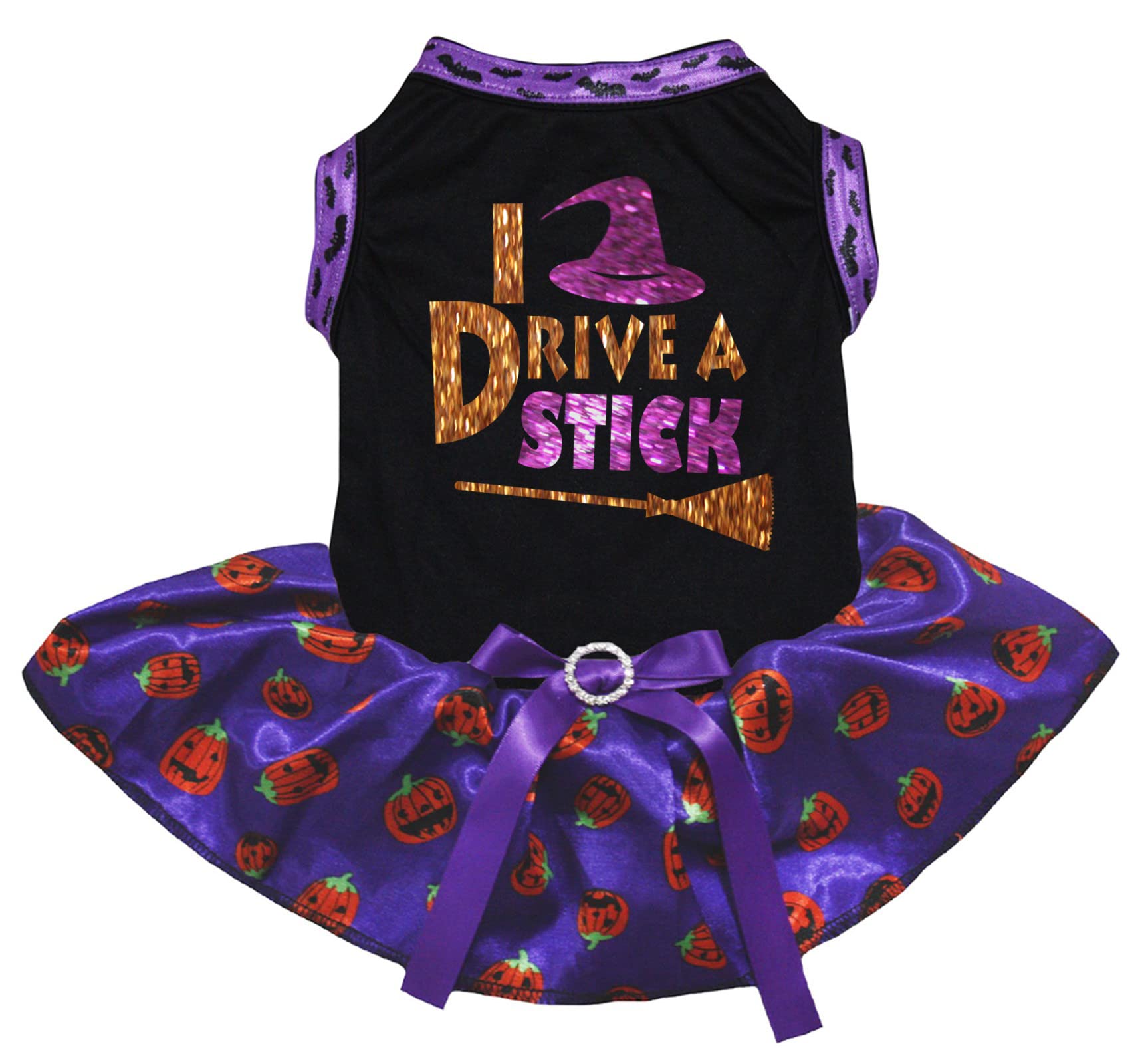Robe pour chiot à motif citrouille I Drive A Stick design bicolore violet et noir S