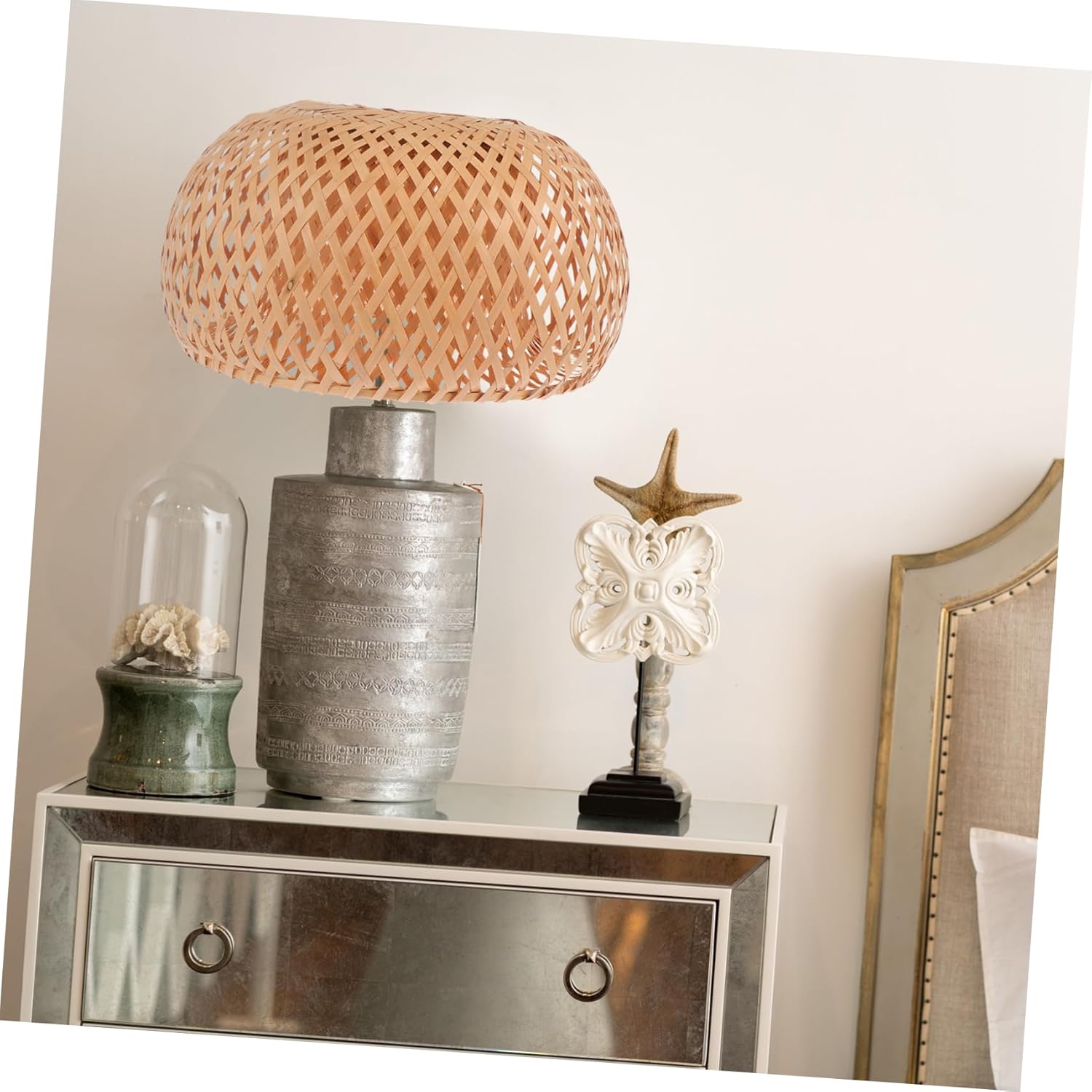 1pc Bamboo Weaving Lampshade Unique Khaki Hanging Light Shade for Restaurant Table Ceiling Lamps Stylish Natural Woven Design for Vintage Home