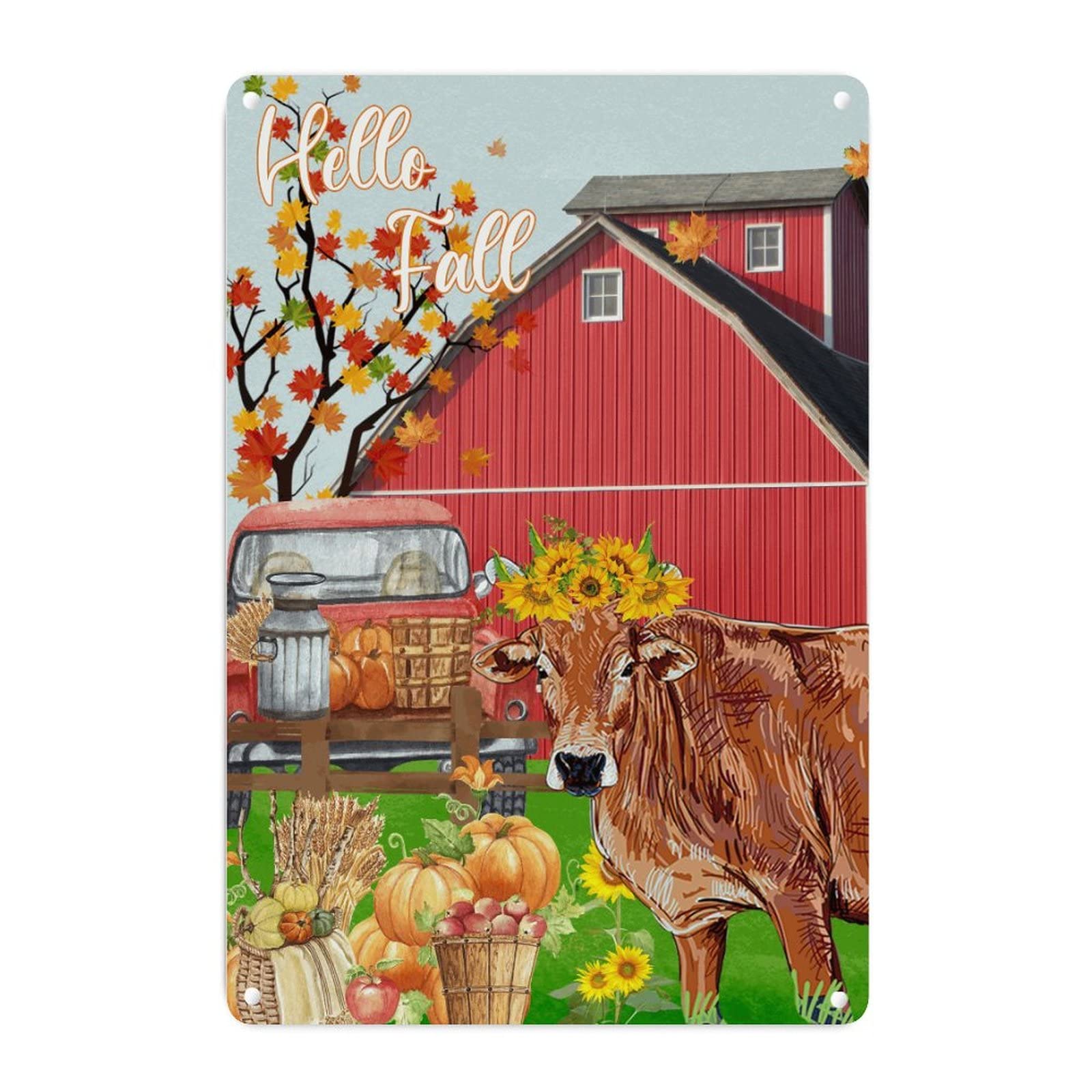 Plaque de décoration murale en métal motif vache et hello automne