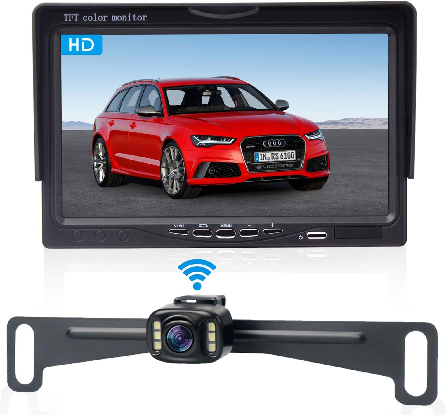 Amtifo Wireless Bakcup Camera System with 7'' Monitor for Cars,SUVs,MiniVans,HD 720P Adjustable Rear View/Front View Camera Super Night Vision,IP69 Waterproof