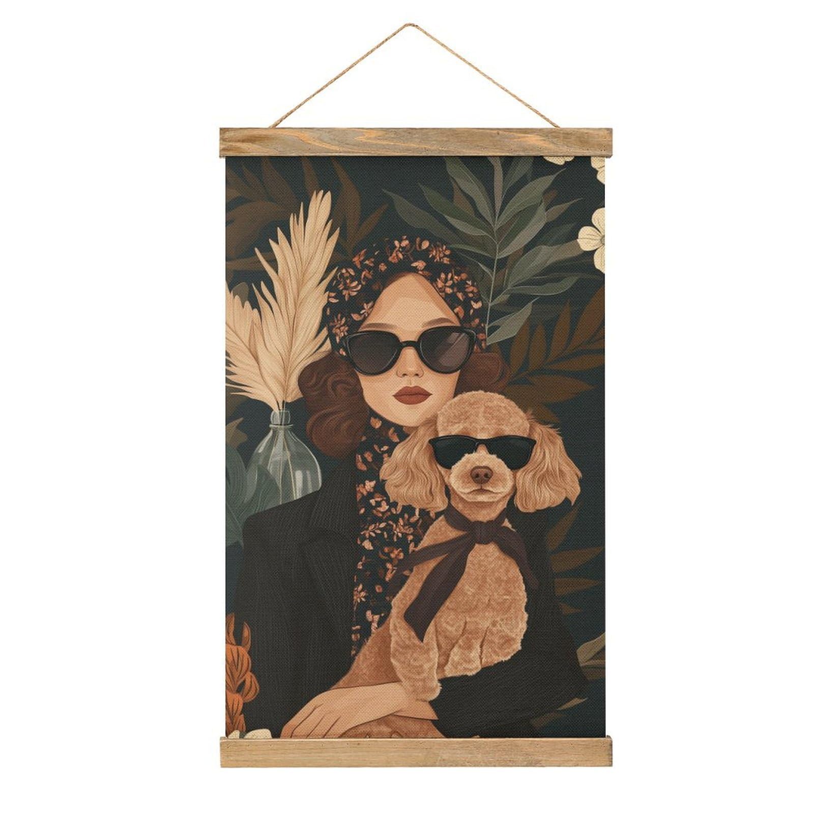 Jubonexis Woman And Dog Wearing Glasses Canvas Painting Wood Frames Poster Hanger Hanging Picture Kit Wall Art