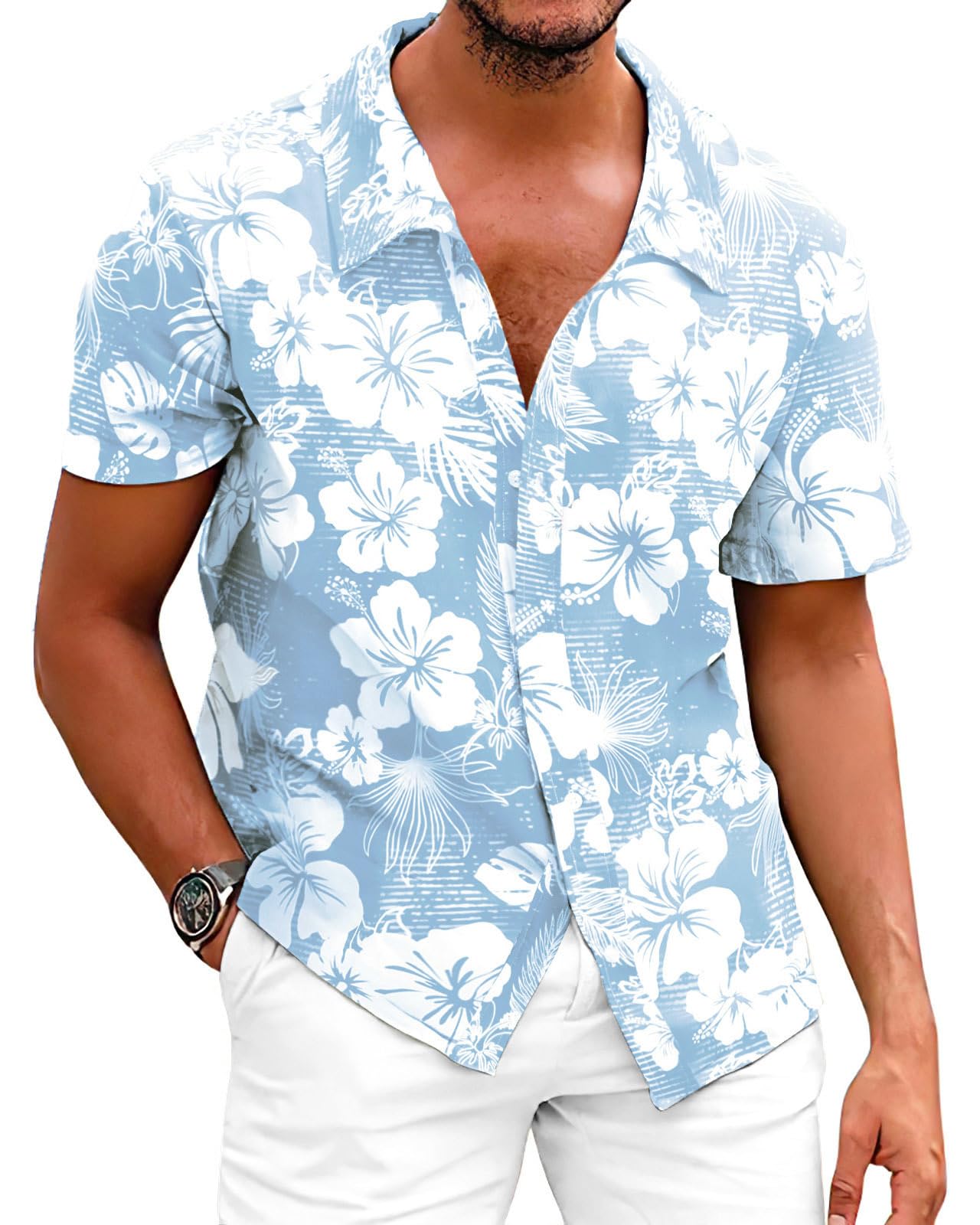 Chemise Hawaienne Homme a Fleur Manches Courtes Ete Festival Chemisette Col V Leger Boutons Tenue M-3XL