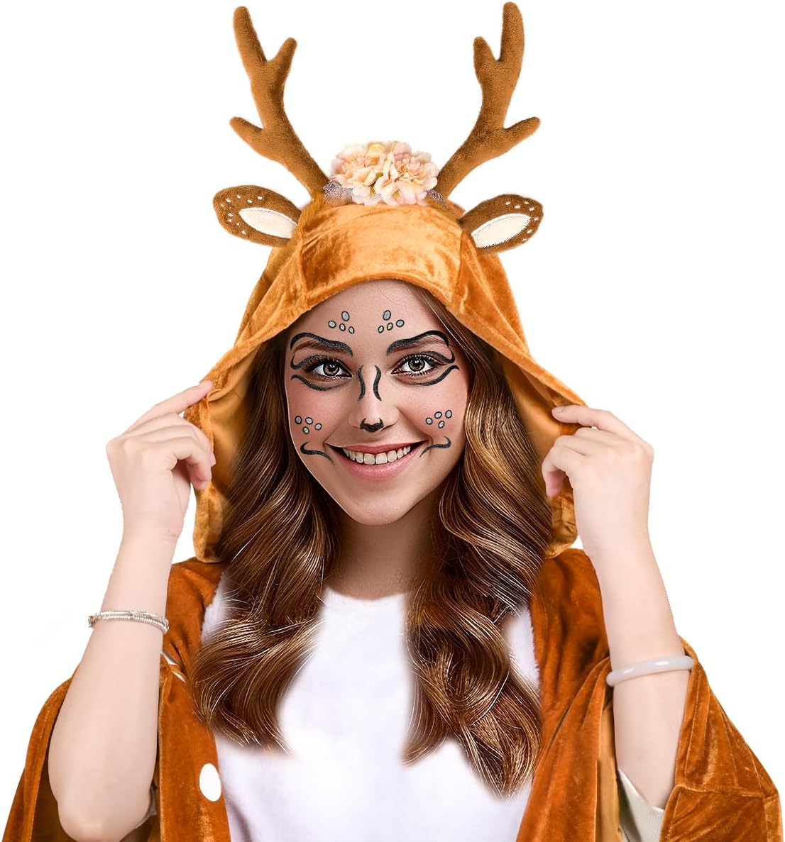 MOVINPE Deer Poncho Reindeer Costumes Accessory Set for Women – 3 Piece Holiday & Halloween Outfit with Antler Headband, Hooded Reindeer Cape, Face Tattoos & Gem Stickers - Image 4