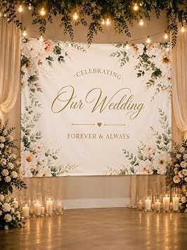 Wedding Backdrop Banner for Reception Party Decorations, Floral Bridal Shower Background Cloth, Custom Wedding Photography Backdrop, Anniversary Engagement Decor, Polyester Fabric 5x3FT 6x4FT 7x5FT