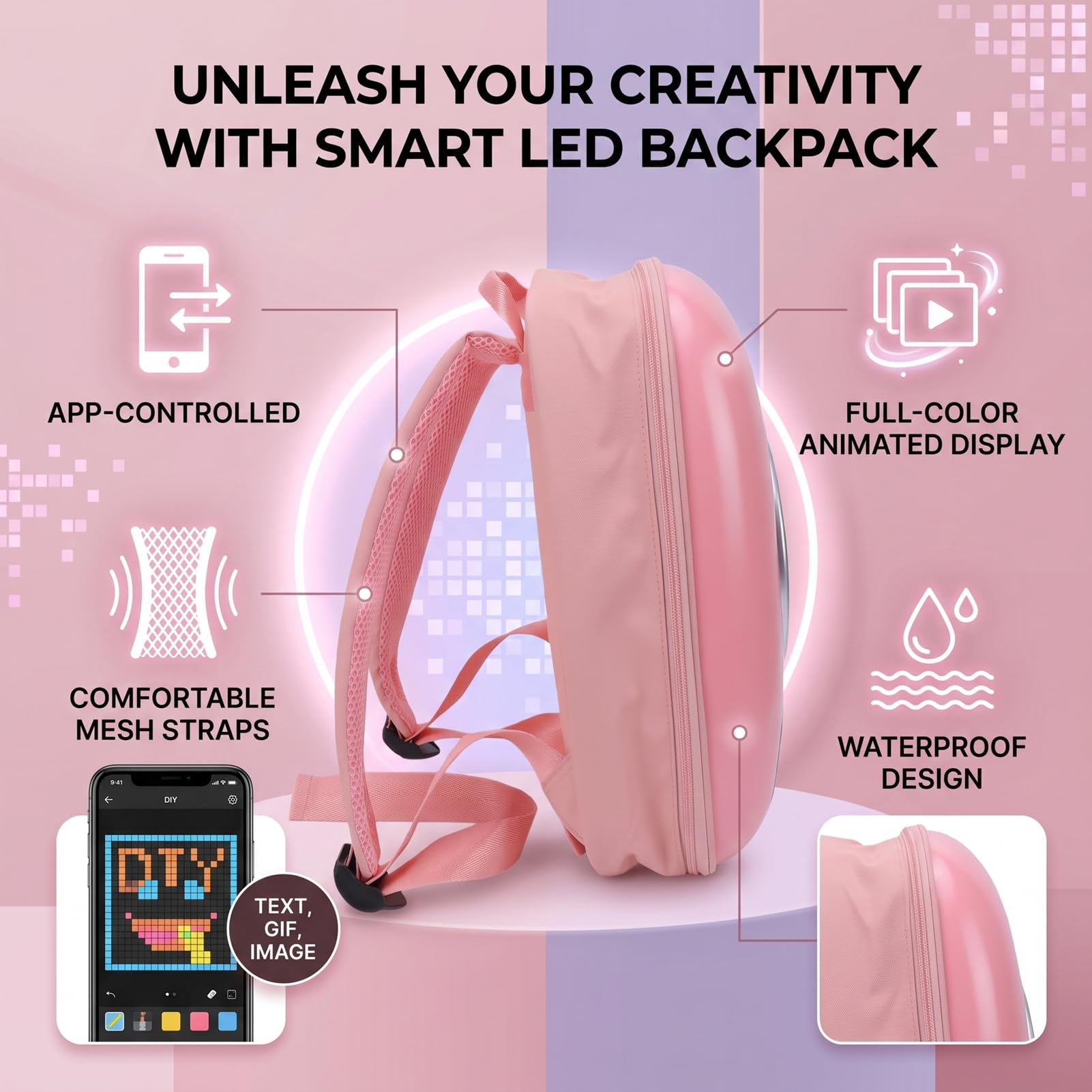 Zaino Impermeabile per Moto, Zaino LED con Controllo APP, Schermo a Colori Programmabile Animazione GIF, Leggero per Viaggio Lavoro Escursionismo Rosa