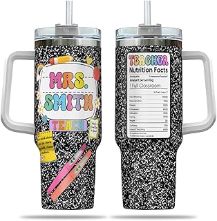 Personalized Composition Notebook Tumbler 40oz with Handle, Custom Teacher Name Insulate & Stainless Steel Cup, Back to School Teachers Appreciation Christmas Gift