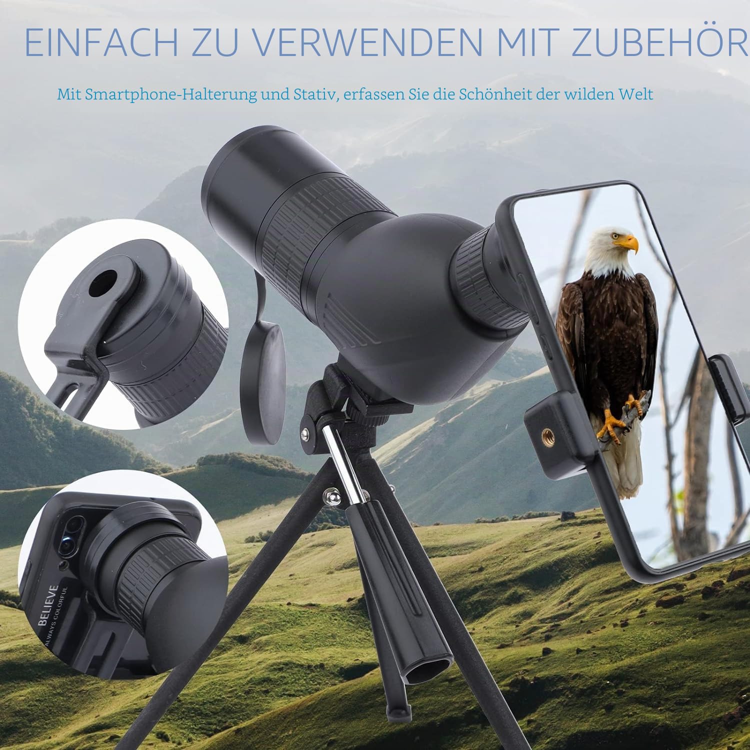 Spektiv HD Wasserdichtes Spektiv mit Stativ Tragetasche Smartphone-Adapter für Vogelbeobachtung