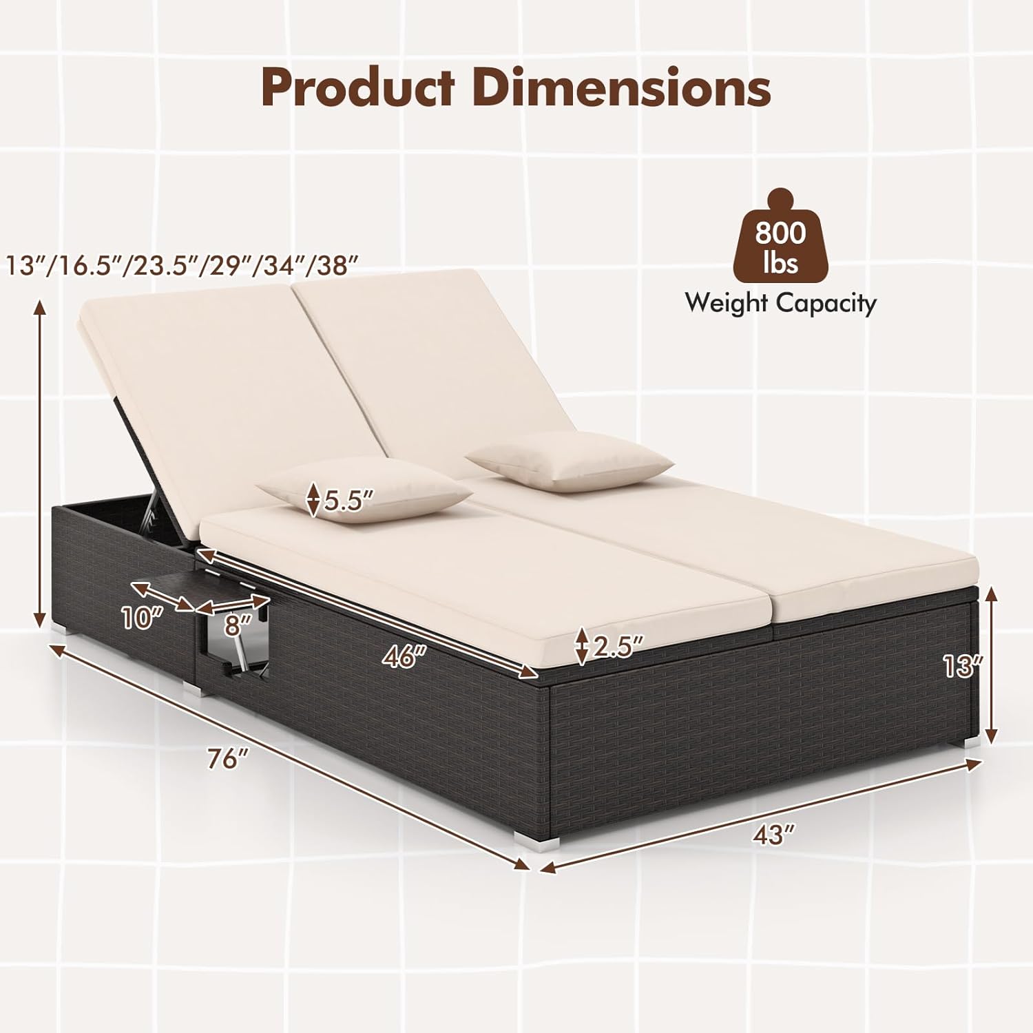 HAPPYGRILL Outdoor Patio Lounge Daybed PE Wicker Double Chaise Lounge with 6-Position Backrests, Pillows & Cushions, 2-Person Reclining Sunbed with Foldable Cup Trays