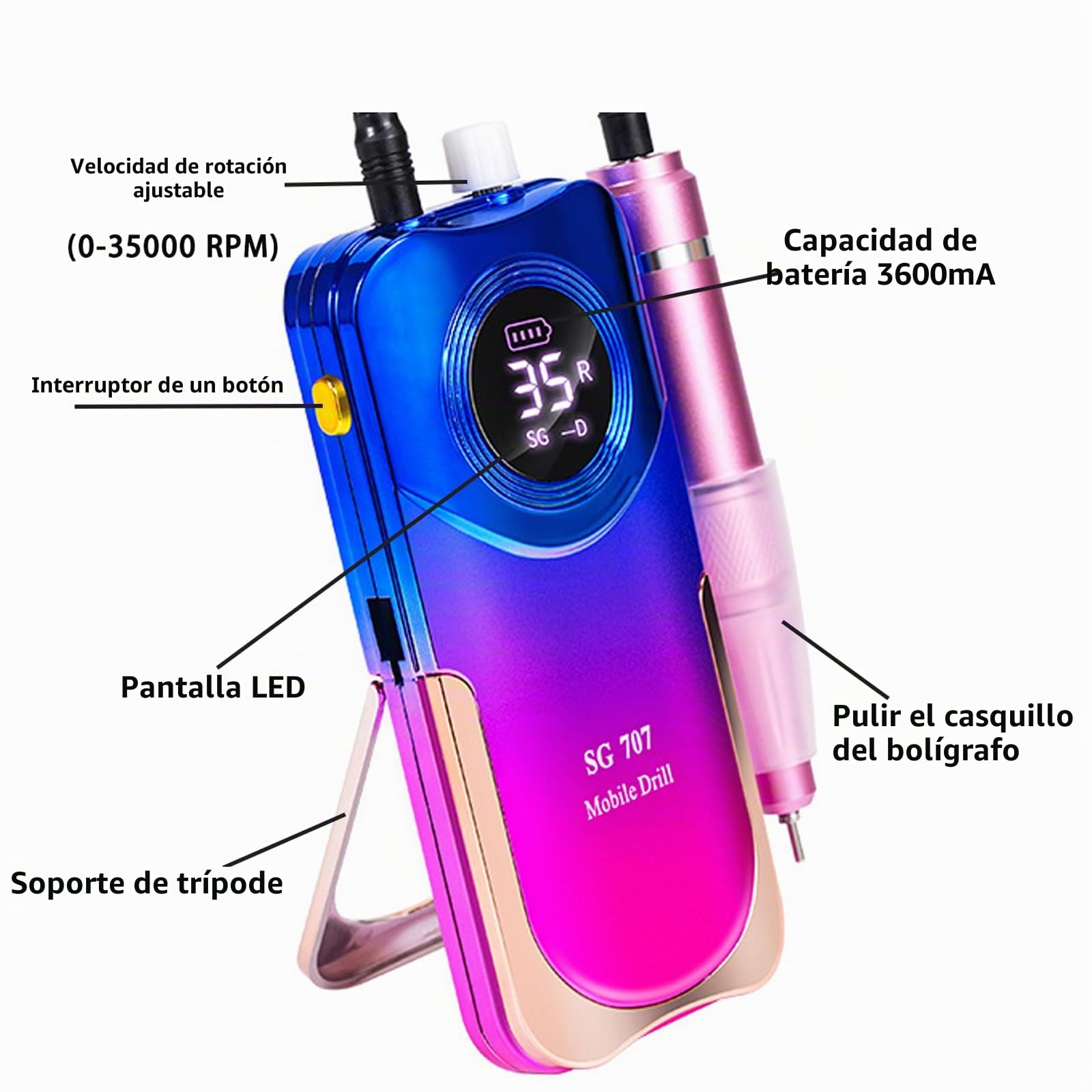 Torno para Uñas Profesional 35000 RPM | Drill para Uñas Portátil con 13 Puntas y 56 Bandas de Lijado, Pantalla LCD, Recargable para Uñas Acrílicas y de Gel