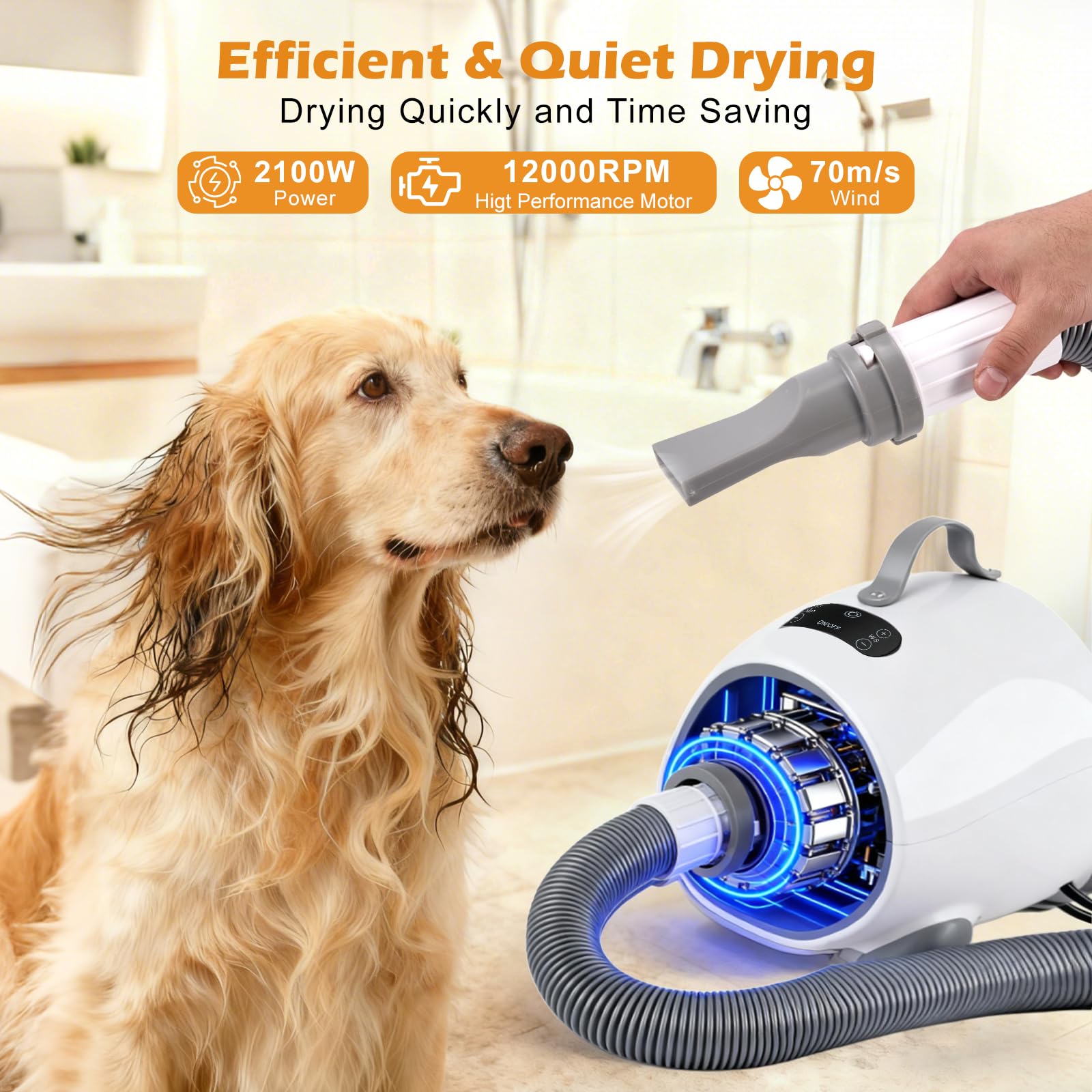 Sèche-cheveux pour chien 2100 W, sèche-cheveux pour animaux de compagnie avec écran LED, 3 buses, 9 niveaux de vitesse et température réglables, sèche-cheveux puissant pour chiens et chats
