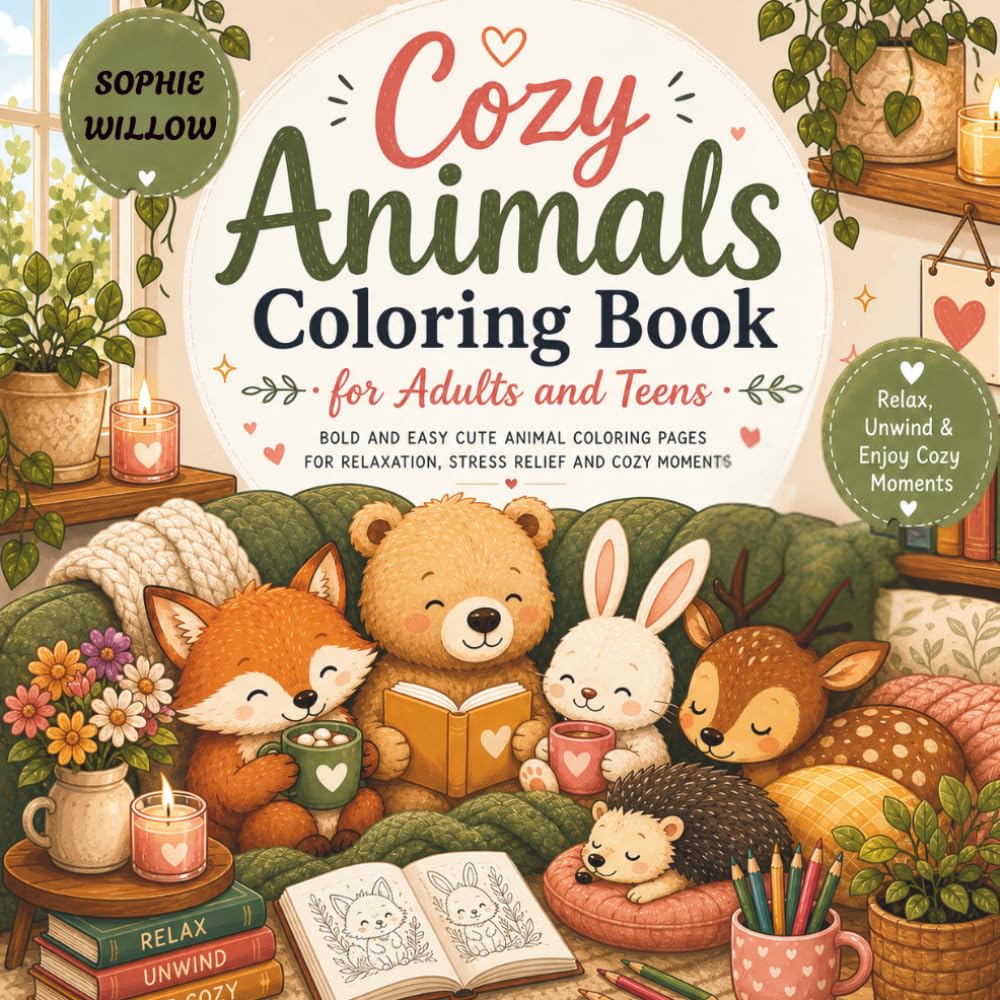 Cozy Animals Coloring Book for Adults and Teens: Bold and Easy Cute Animal Coloring Pages for Relaxation, Stress Relief and Cozy Moments