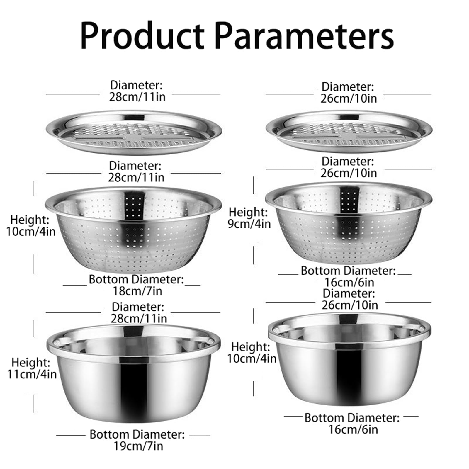 Multifunctional Stainless Steel Basin, Scolapasta in Acciaio Inox con Ciotola e Grattugia, Ciotola per Riso, per Insalata, Frutta, Riso, Pasta, Preparazione Metallic,26CM/10IN