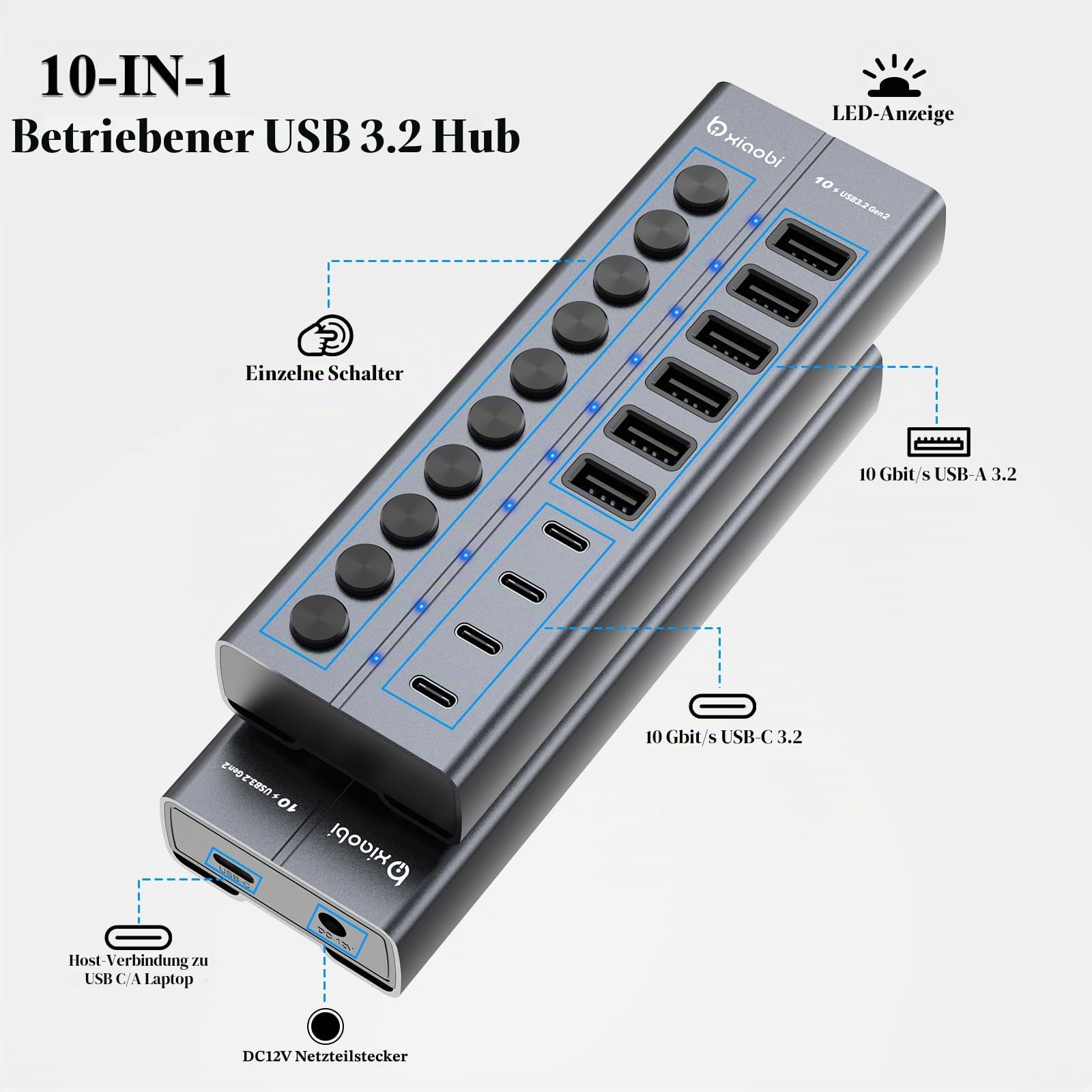 10 Port USB Hub mit Netzteil 60W - 10Gbps USB 3.2 Gen 2 Hub Aktiv aus Aluminium mit 6 USB-A & 4 USB-C Ports Individuelle EIN/Aus Schalter BC1.2 Schnelladung für MacBook, PC, Laptop