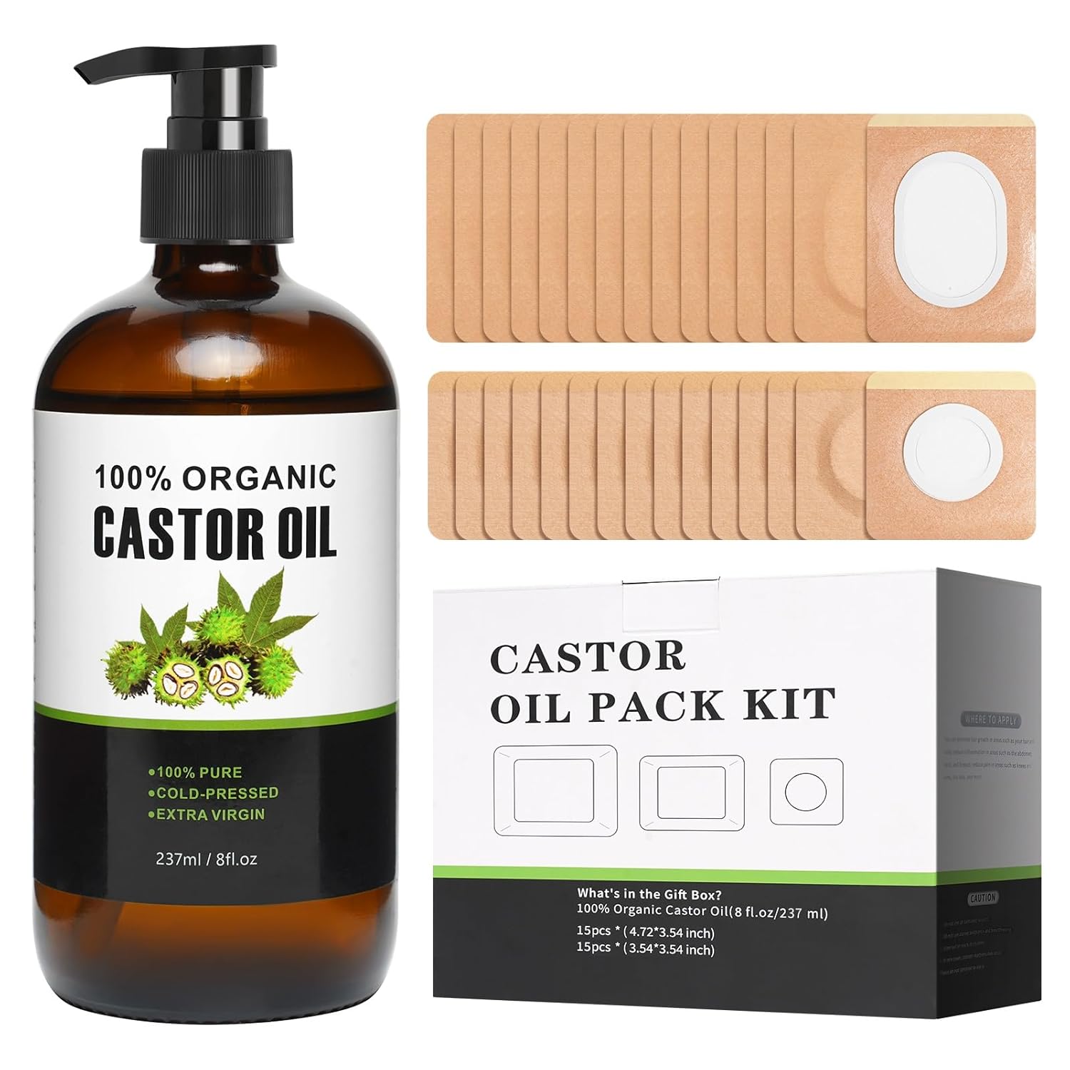 Castor Oil Patches 30 Pack, Castor Oil Pack Wrap For Belly Button Liver, Stomach, Neck and Waist (with 8oz Castor Oil Organic Cold Pressed Unrefined Glass Bottle )